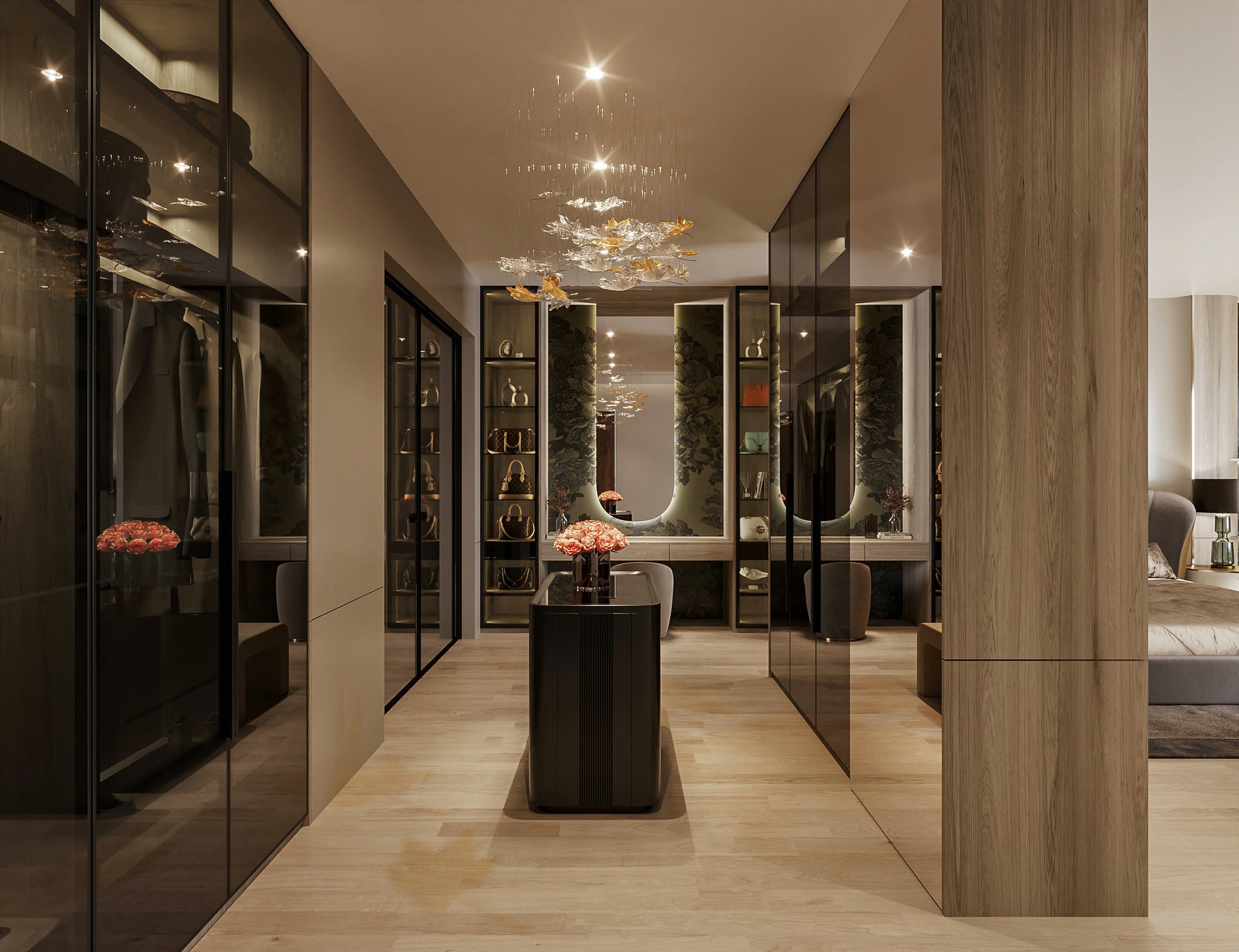 phòng ngủ liền phòng thay đồ gỗ óc chó với hệ tủ chữ I cao kịch trần cánh kính tối màu