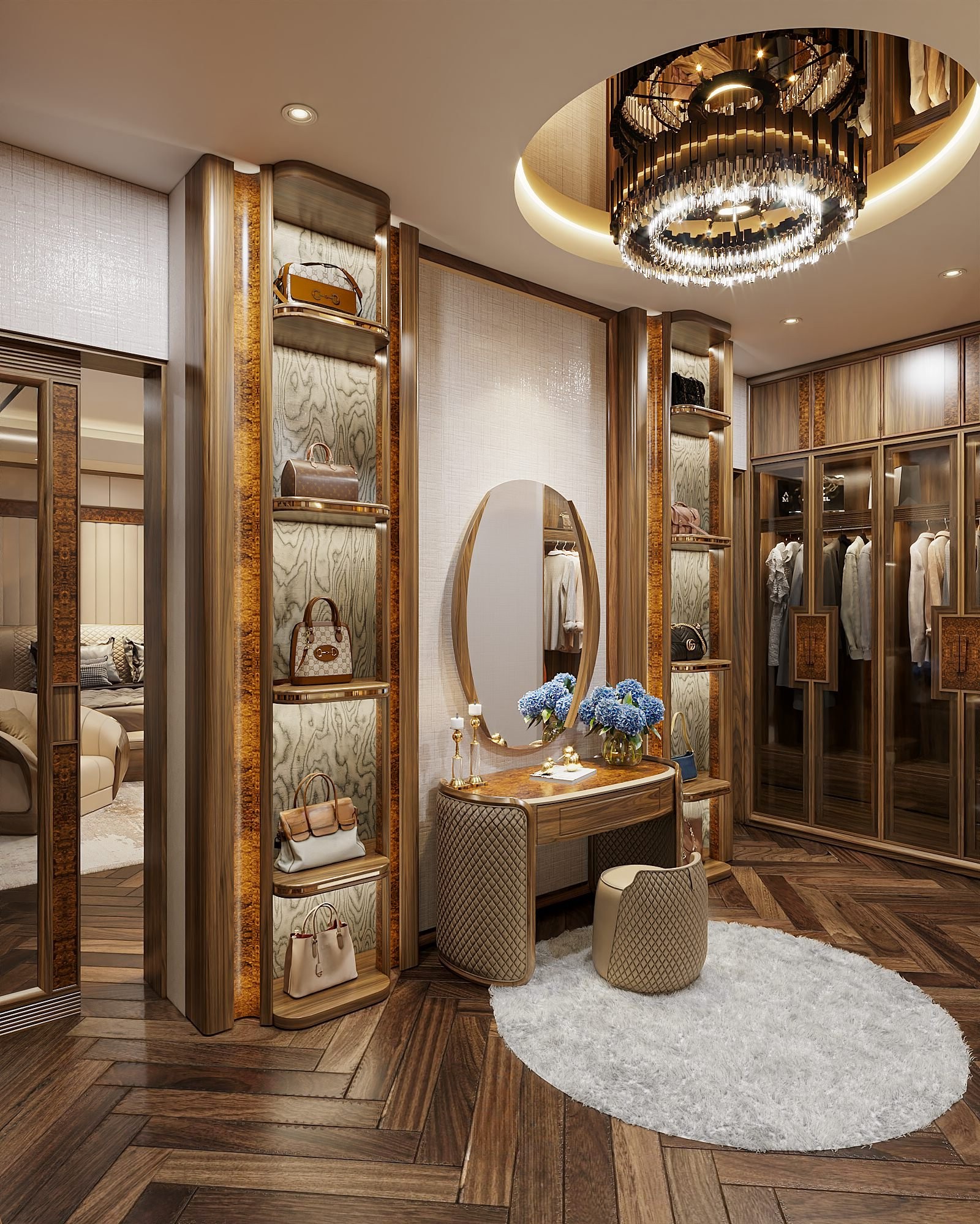 phòng ngủ và phòng thay đồ gỗ óc chó với tủ áo chữ I và bàn trang điểm oval