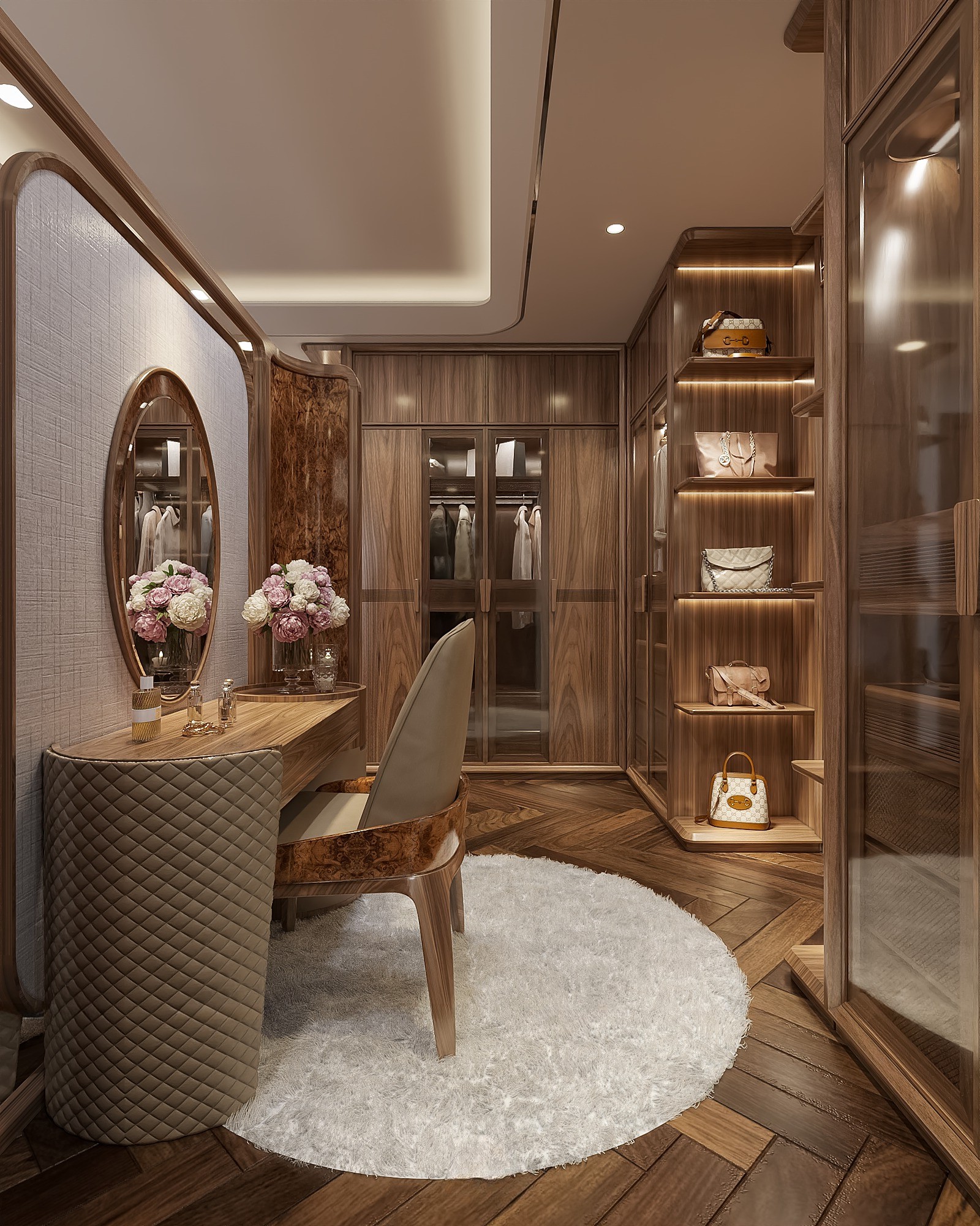 phòng thay đồ gỗ óc chó đơn giản với tủ chữ L và bàn trang điểm