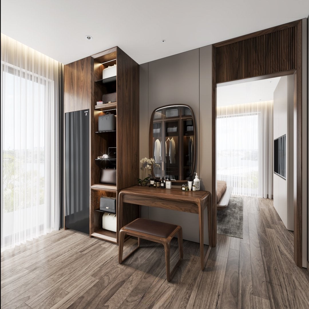 phong thủy bàn trang điểm gỗ óc chó với thiết kế bo cong và gương treo tường