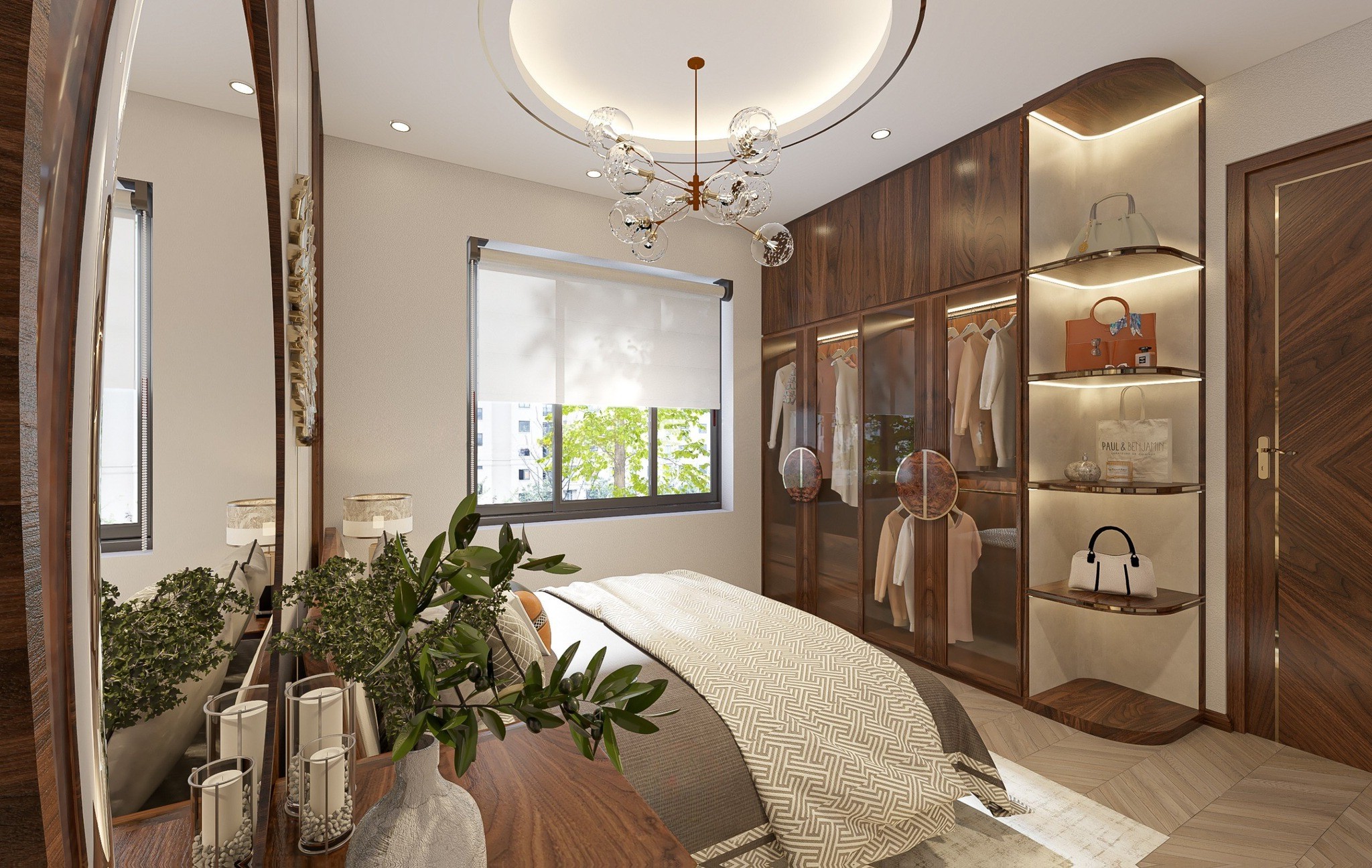 phong thủy để tủ quần áo gỗ óc chó với thiết kế cao kịch trần cánh kính