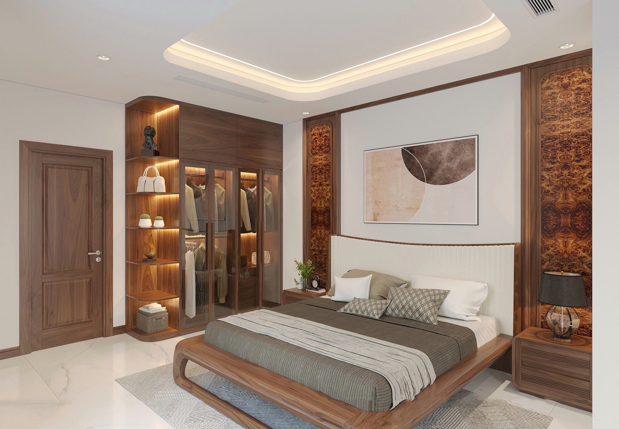 phong thủy phòng ngủ gỗ óc chó với tủ áo chữ I cao kịch trần