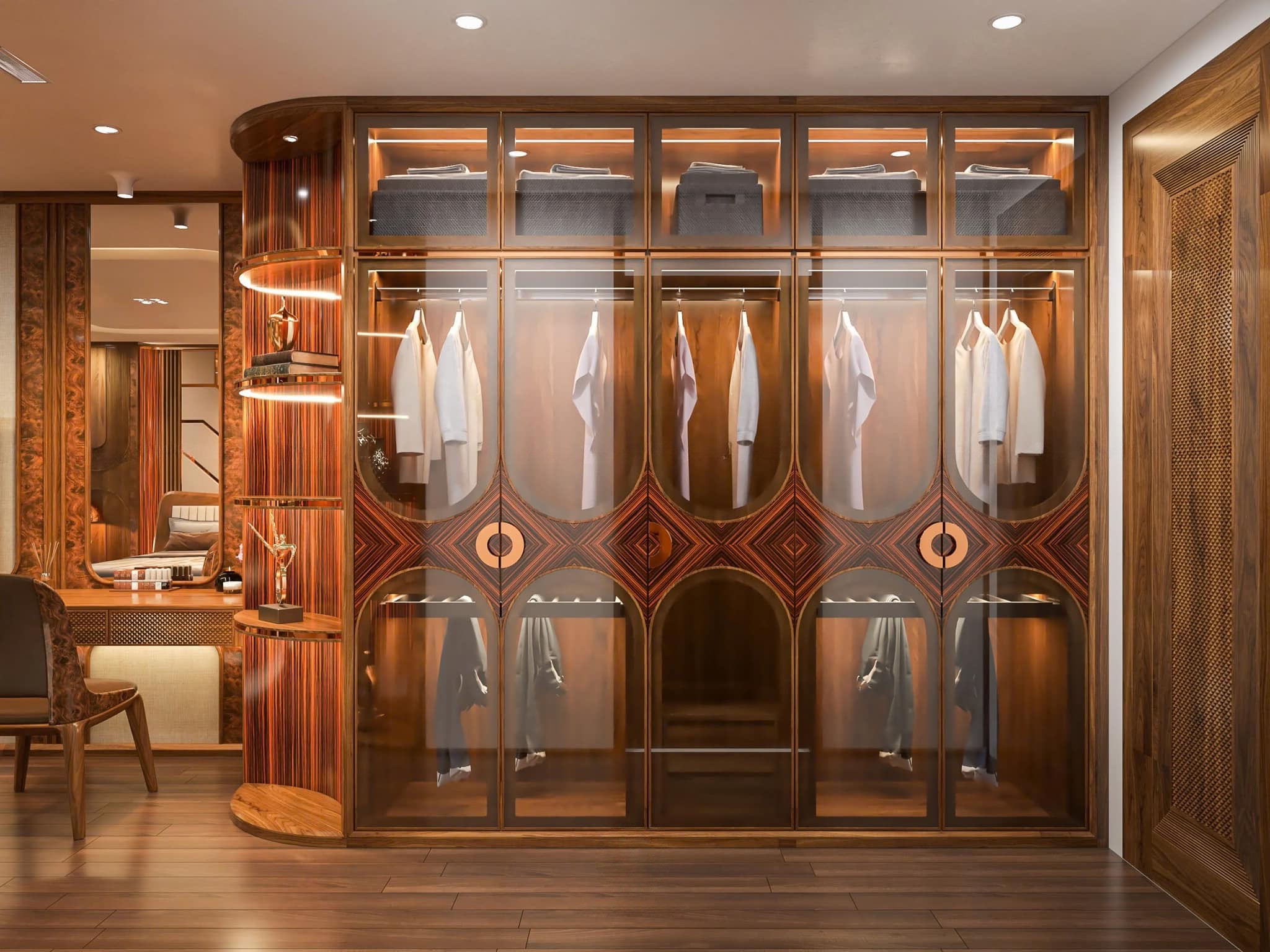 phong thủy tủ quần áo gỗ óc chó hình oval cao kịch trần