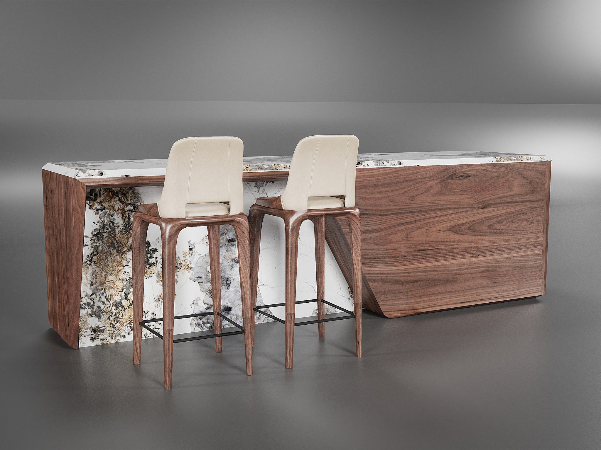 quầy bar bếp bằng gỗ óc chó chữ I mặt đá granite trắng