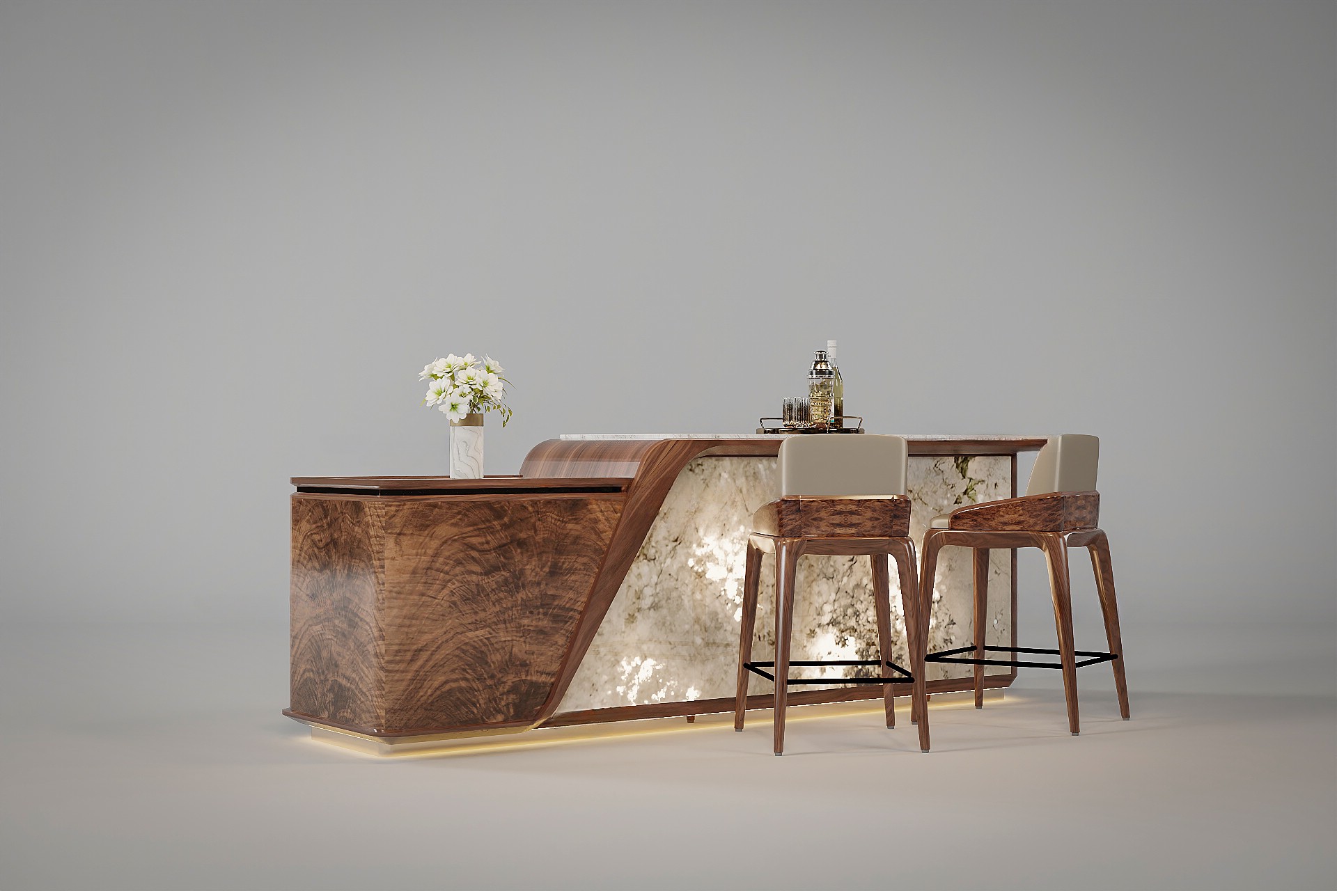 quầy bar bếp gỗ óc chó chân quầy ốp đá Onyx xuyên sáng