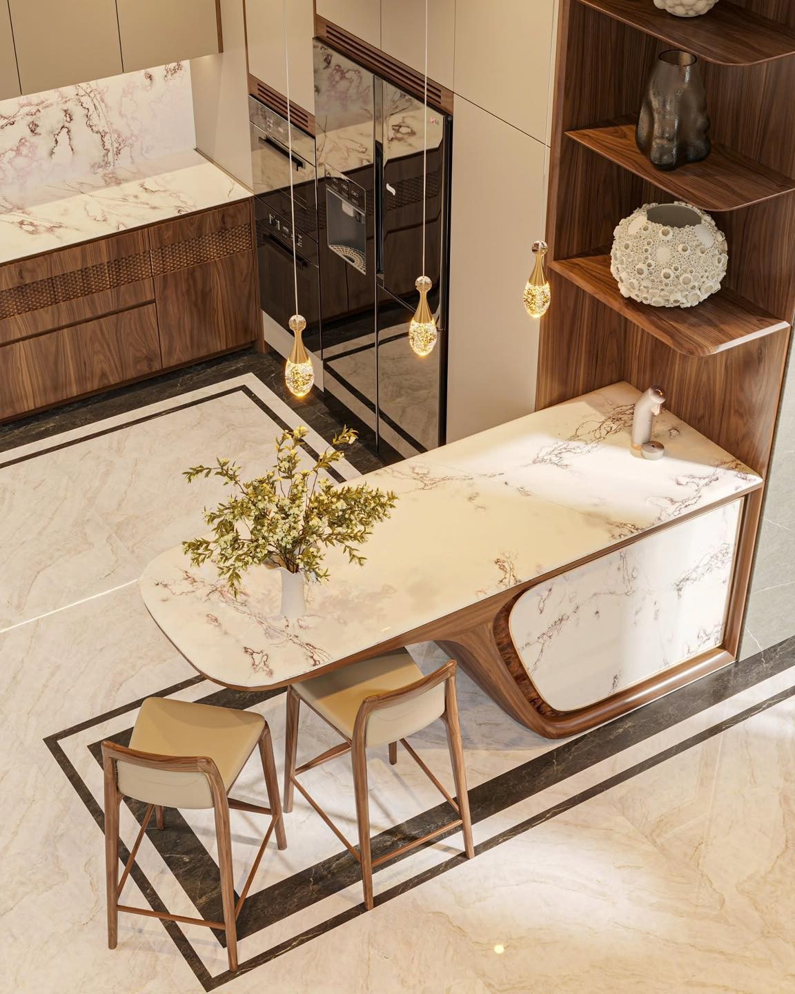 Quầy bar gỗ óc chó đẹp trong nhà với phong cách hiện đại, tích hợp tủ rượu và hệ kệ trang trí.