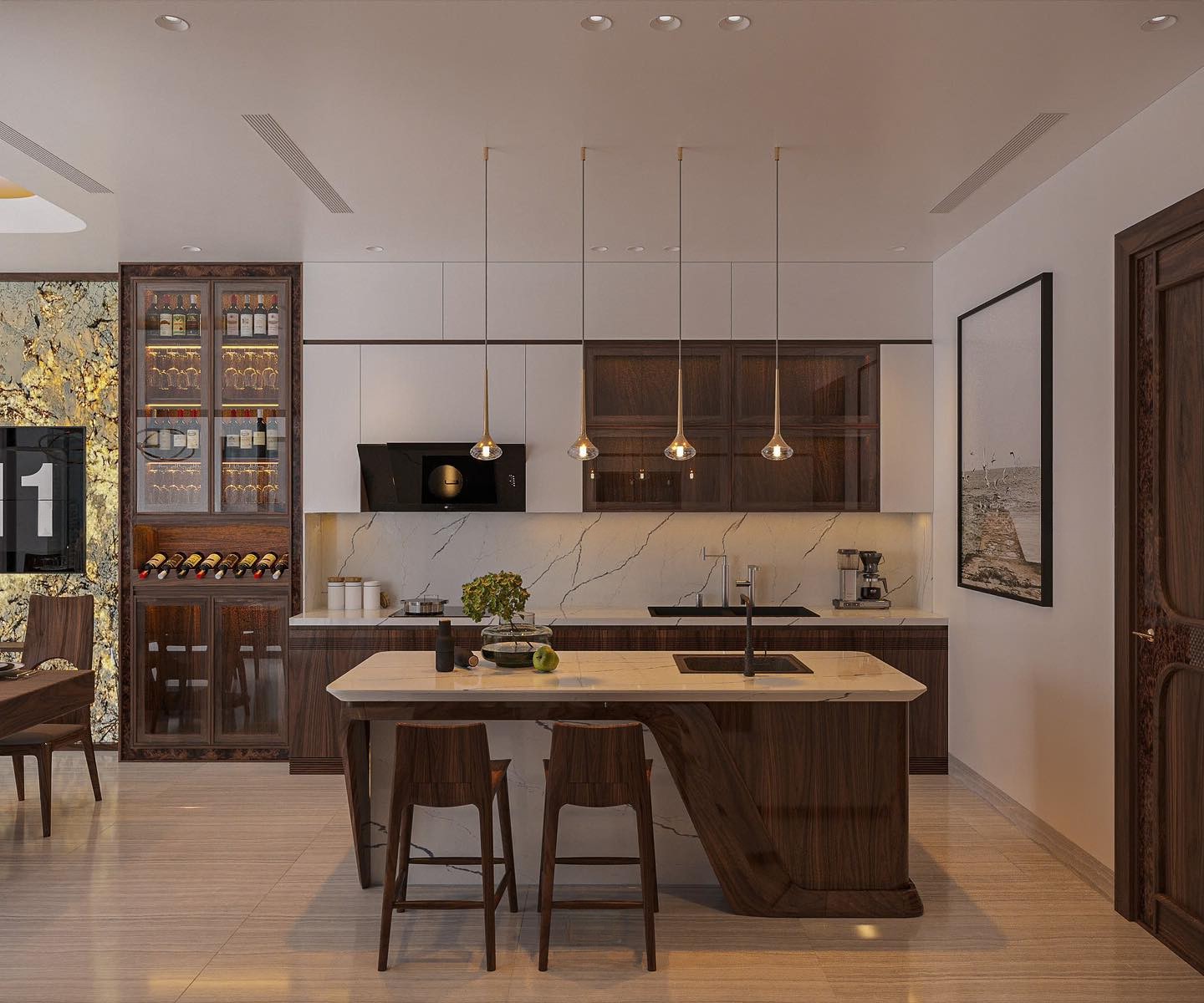 quầy bar gỗ óc chó trong phòng bếp mặt đá granite tích hợp chậu rửa