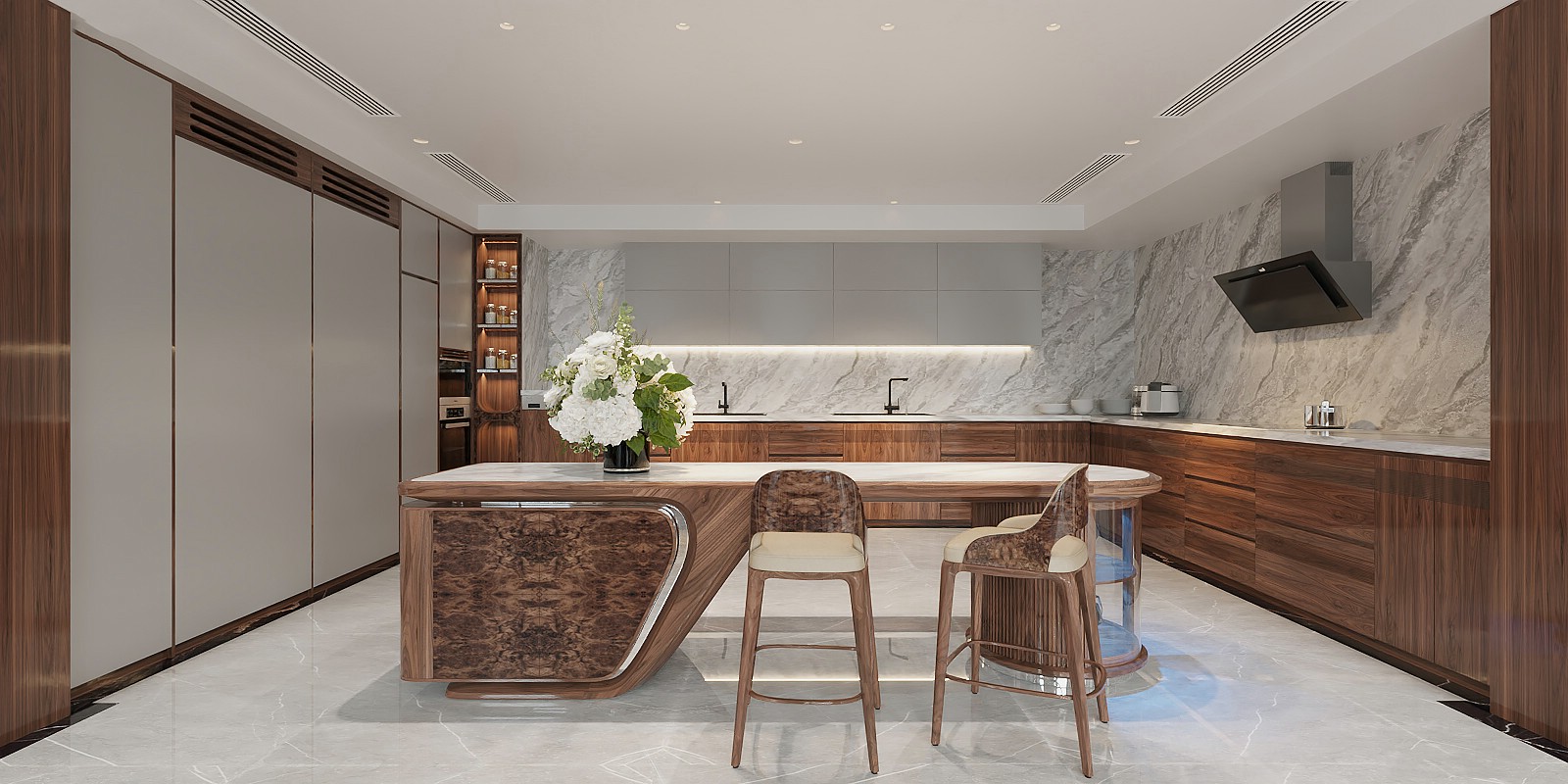 quầy bar phòng bếp gỗ óc chó hình oval mặt đá marble