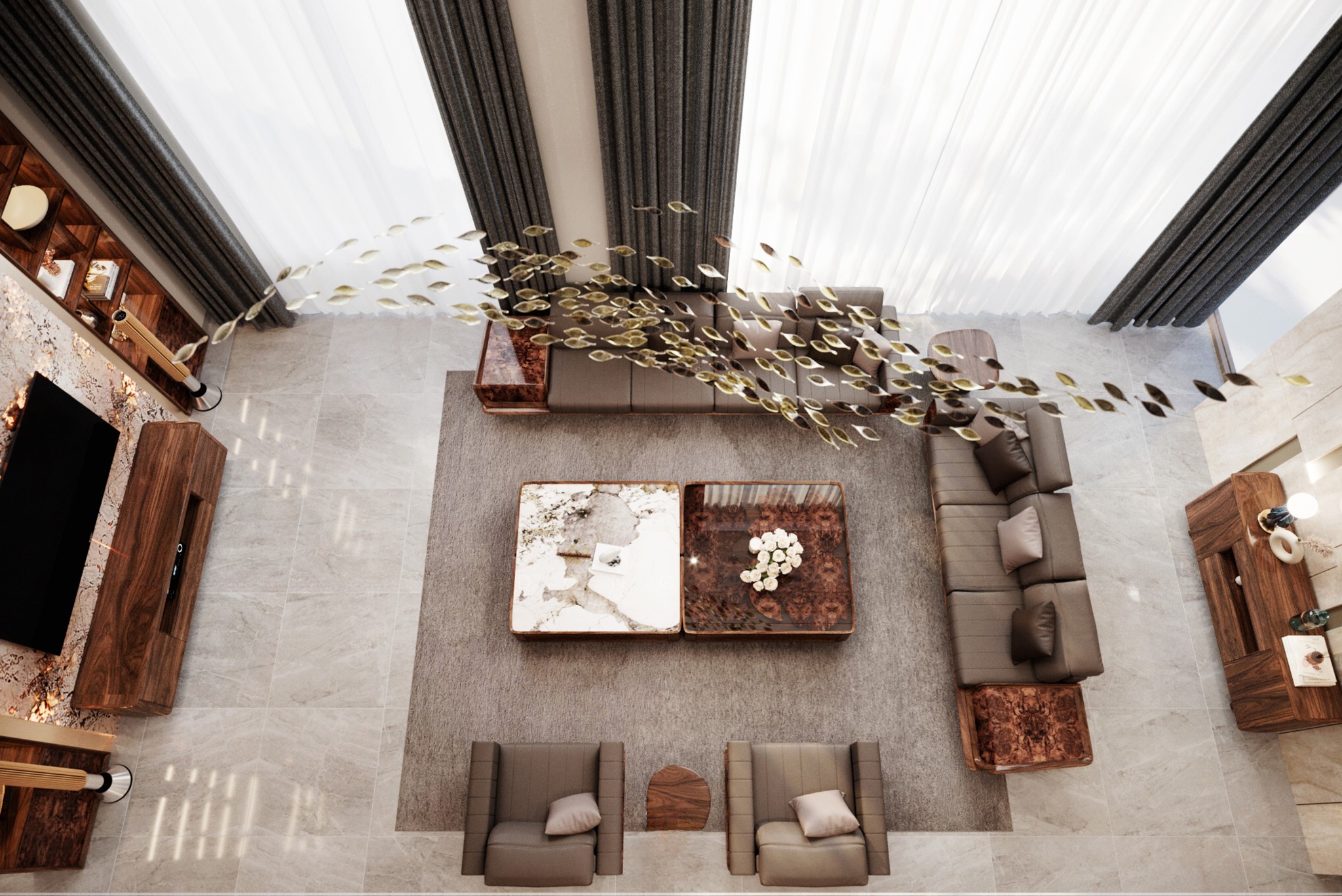 showroom nội thất gỗ óc chó với sofa và bàn trà hiện đại