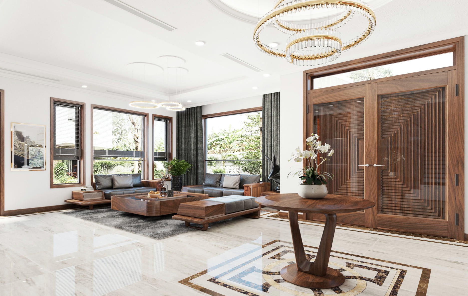 sofa chữ l gỗ óc chó hiện đại tay vịn bàn phụ CNC