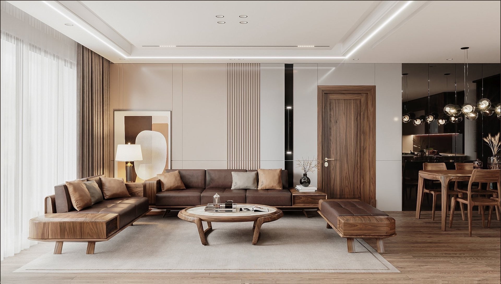 sofa chữ l gỗ óc chó lưng thấp tay vịn bàn phụ