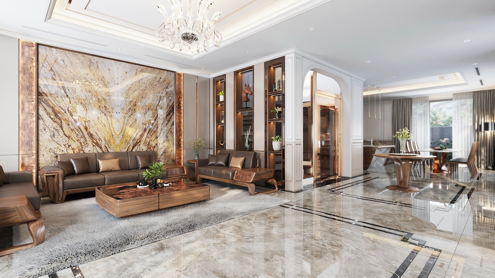 sofa chữ l gỗ óc chó nhập khẩu chân cong tay vịn veneer