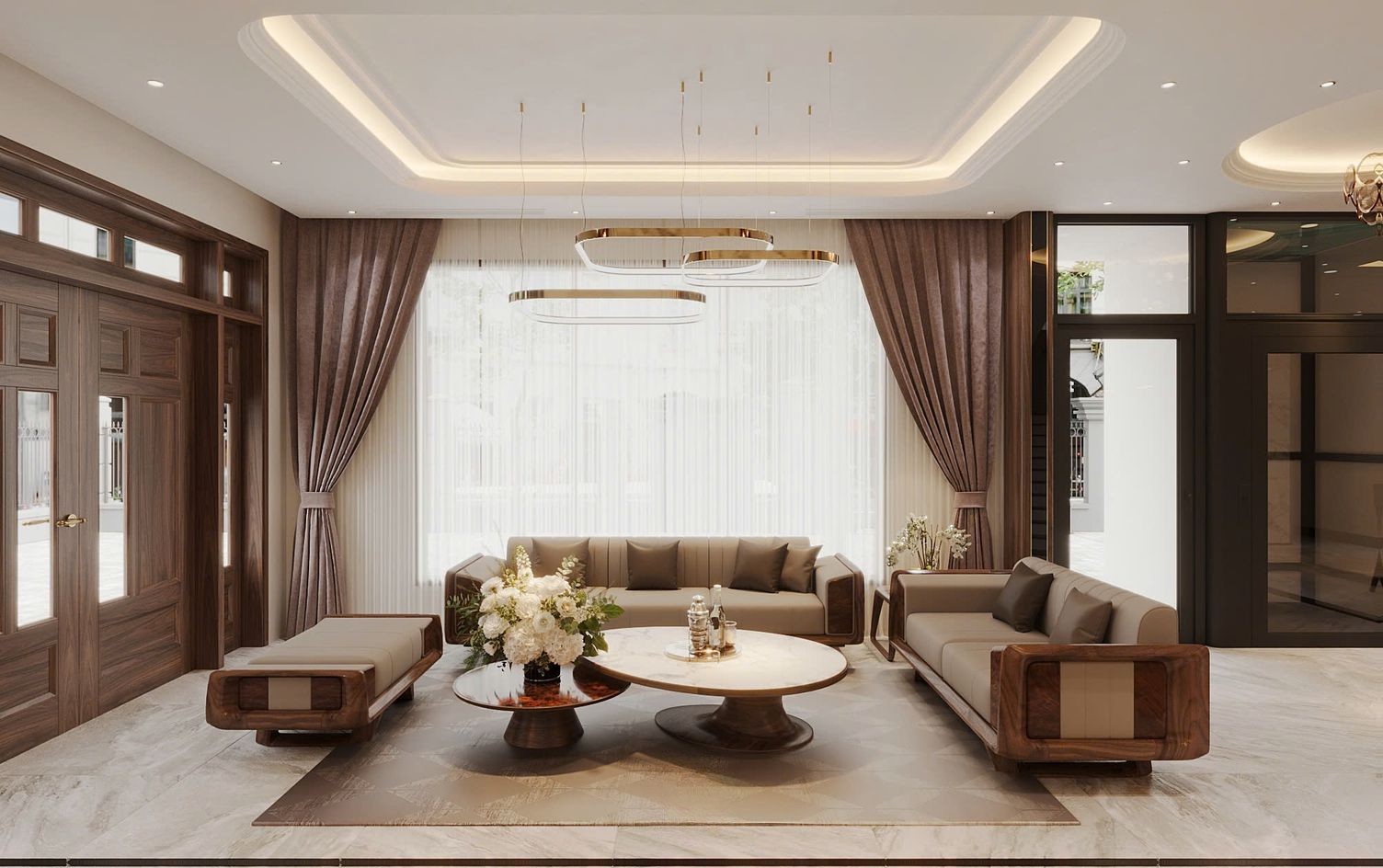 sofa chữ l gỗ óc chó tự nhiên da be chân thấp