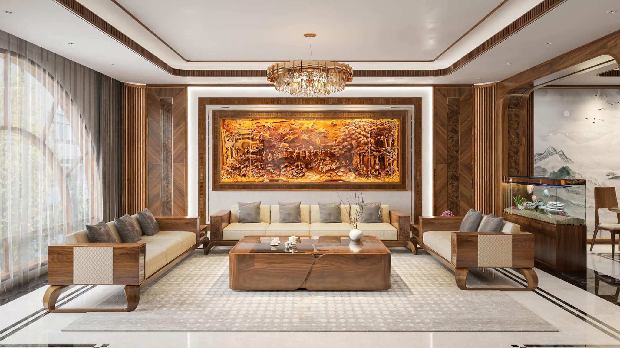 sofa gỗ màu óc chó thiết kế hiện đại bọc da PU