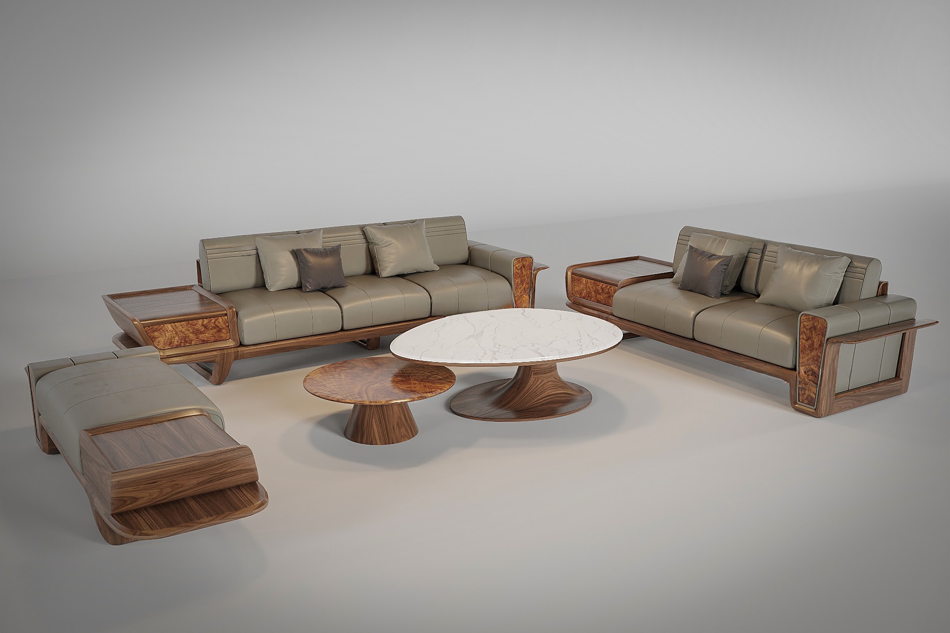 sofa gỗ óc chó cao cấp hiện đại với tay vịn tích hợp bàn phụ