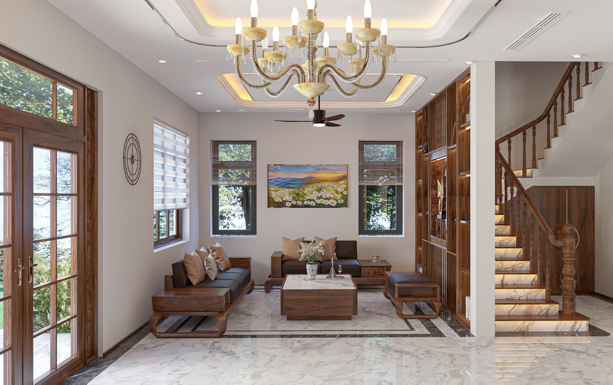 sofa gỗ óc chó cho phòng khách nhỏ hẹp bố trí tinh gọn