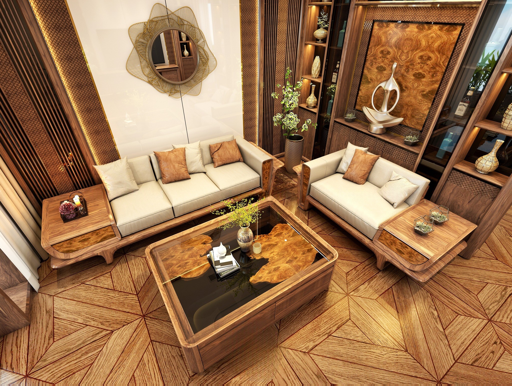 sofa gỗ óc chó cho phòng khách nhỏ thiết kế hiện đại