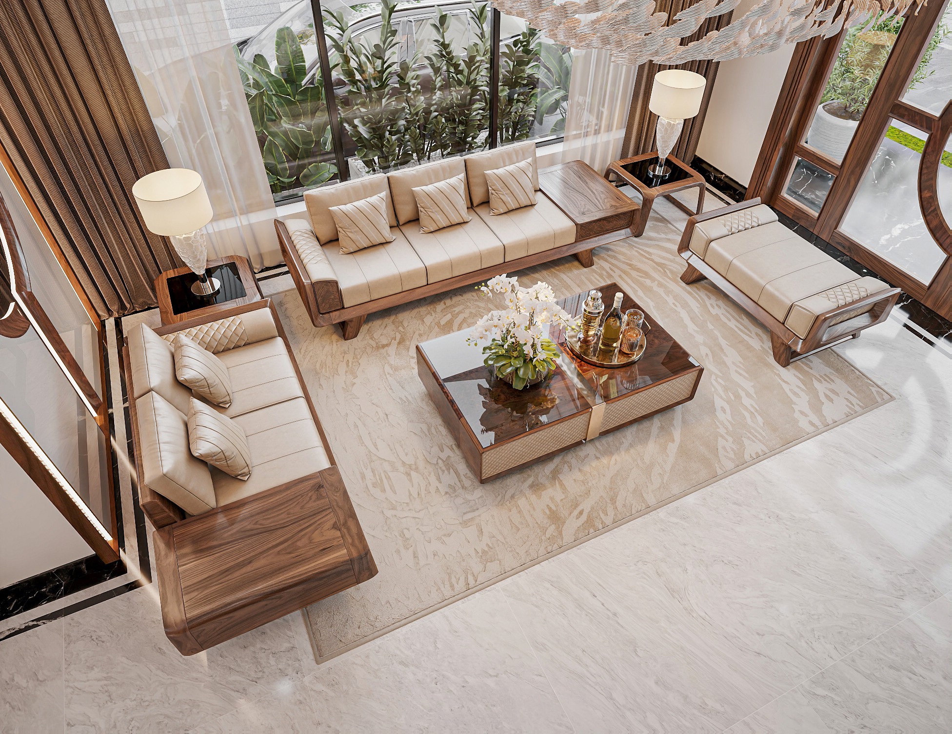 sofa gỗ óc chó cho phòng khách bố trí chữ U hiện đại