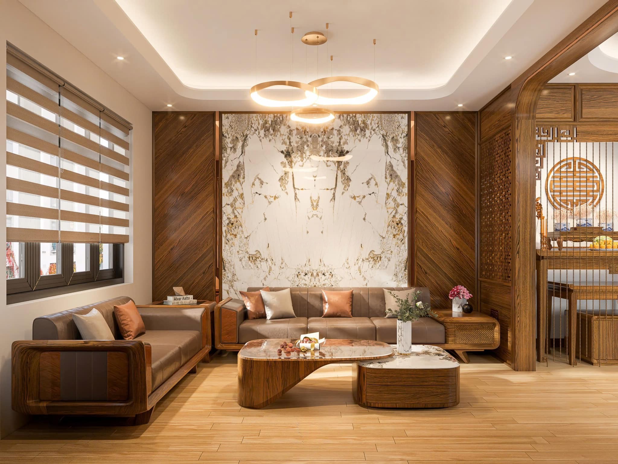 Sofa Gỗ Óc Chó Chữ L với kiểu dáng hiện đại tối ưu diện tích phòng khách.