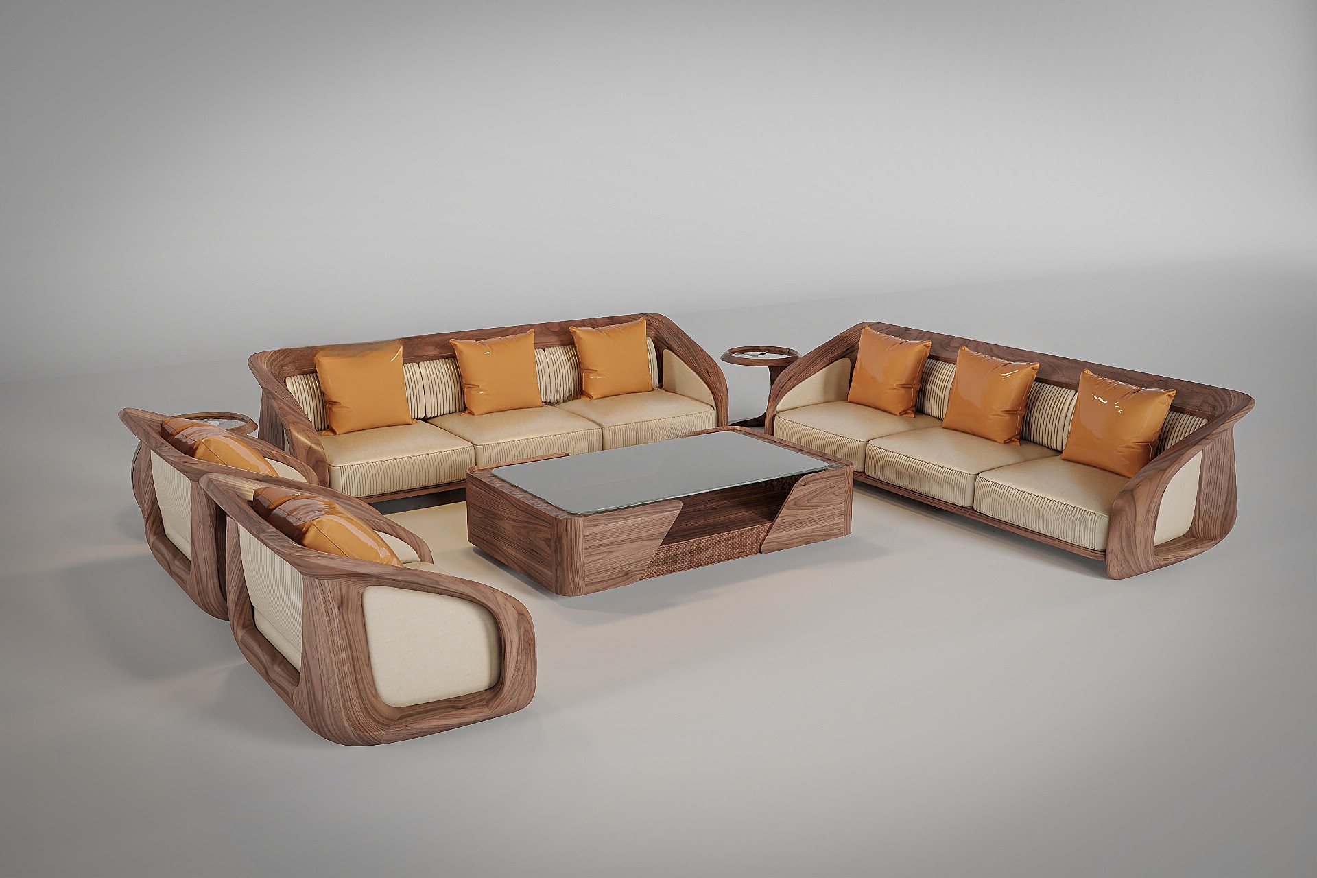 sofa gỗ óc chó chữ U phong cách luxury