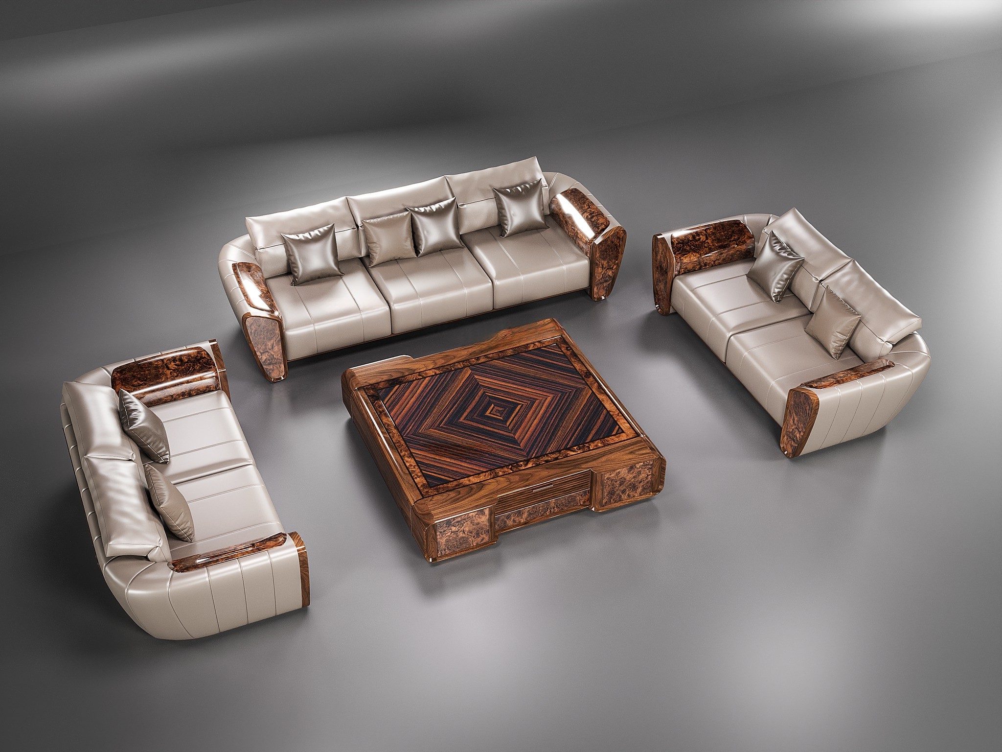 sofa gỗ óc chó da thiết kế liền khối bọc da nâu sữa