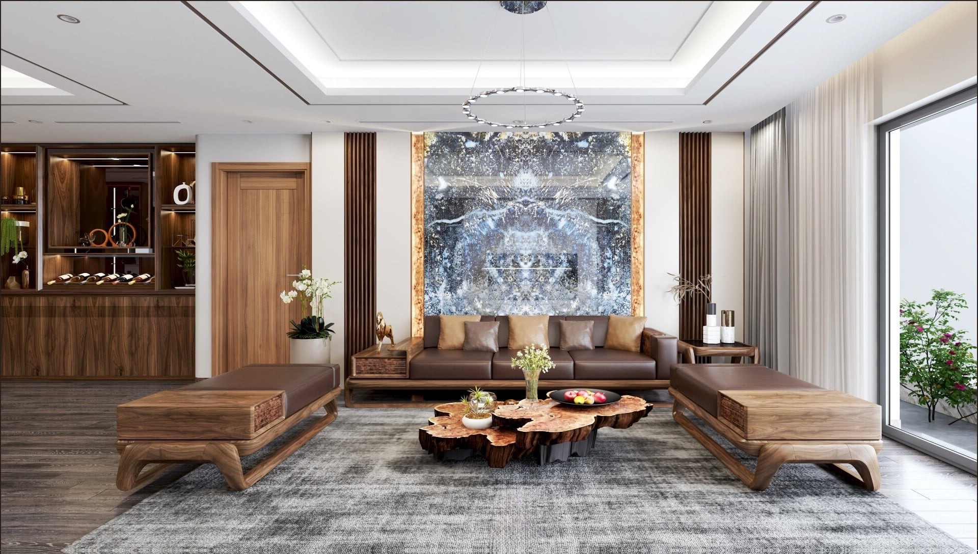 sofa gỗ óc chó giá thiết kế hiện đại có bàn phụ tích hợp