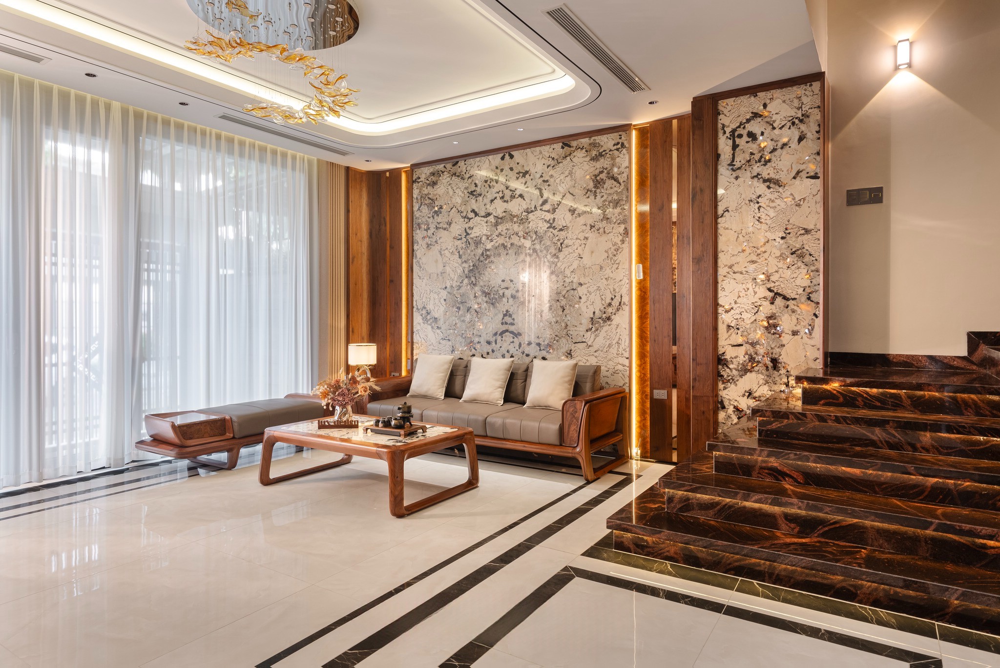 sofa gỗ óc chó giá rẻ thiết kế hiện đại có bàn phụ