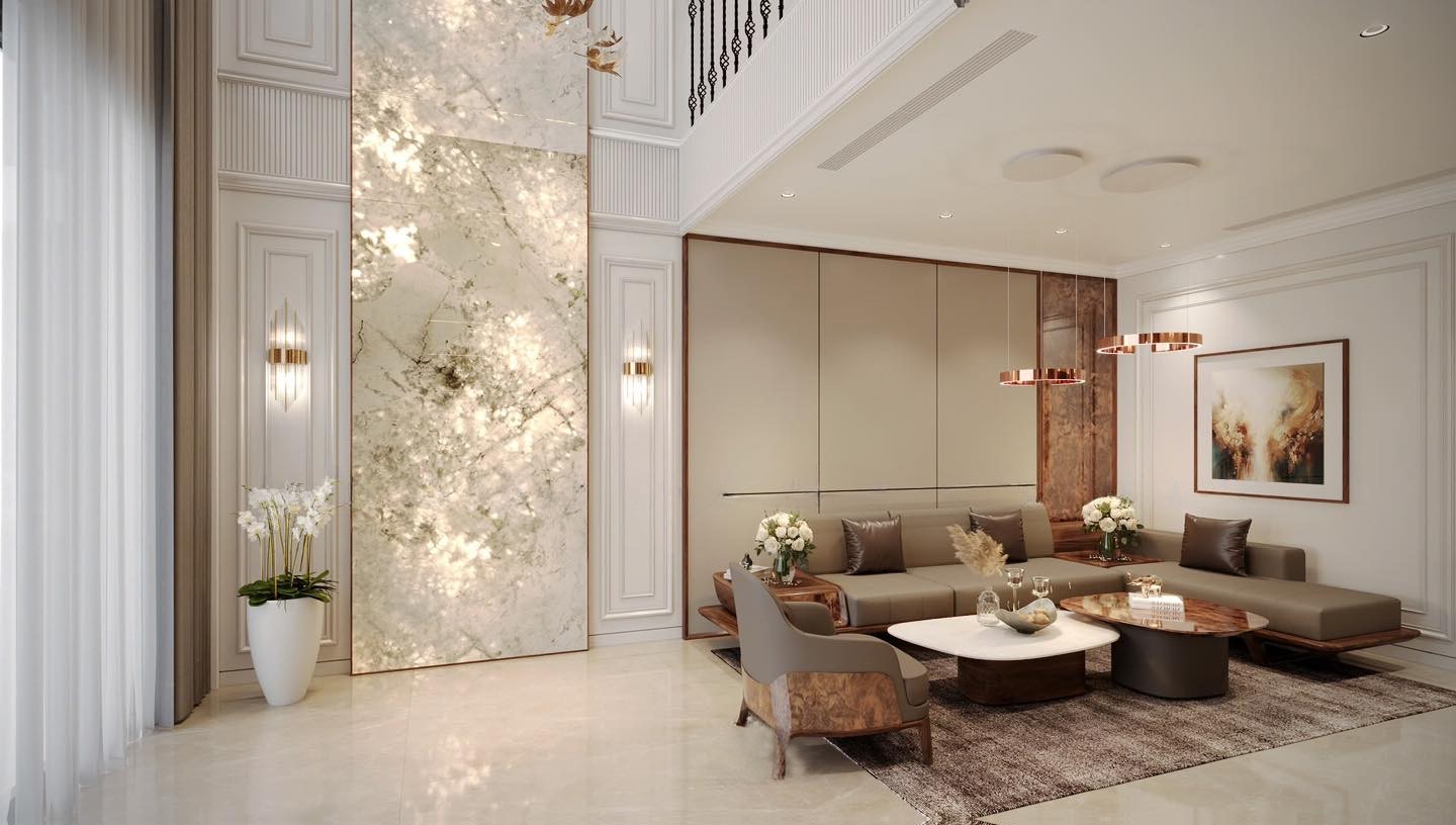 sofa gỗ óc chó góc chữ L trong phòng khách hiện đại