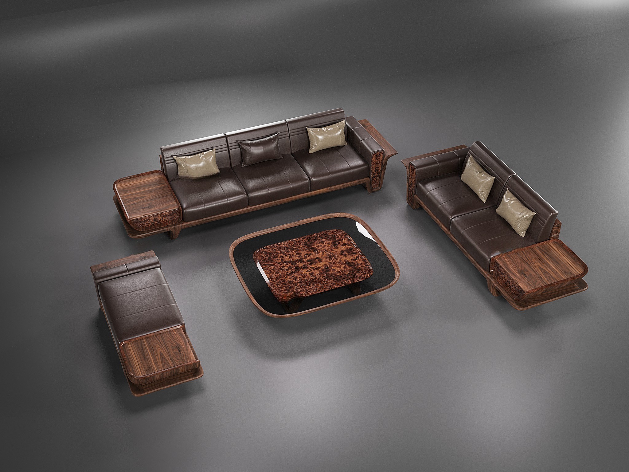 sofa gỗ óc chó kiểu hiện đại bố cục chữ U phòng khách