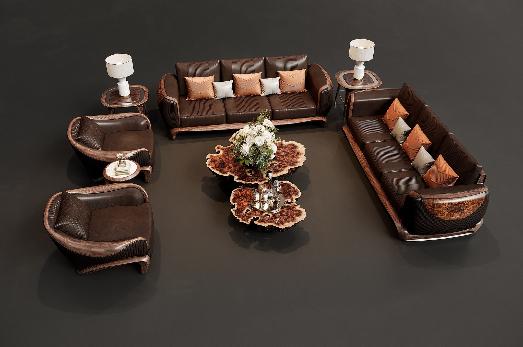 sofa gỗ óc chó nệm phong cách luxury phòng khách