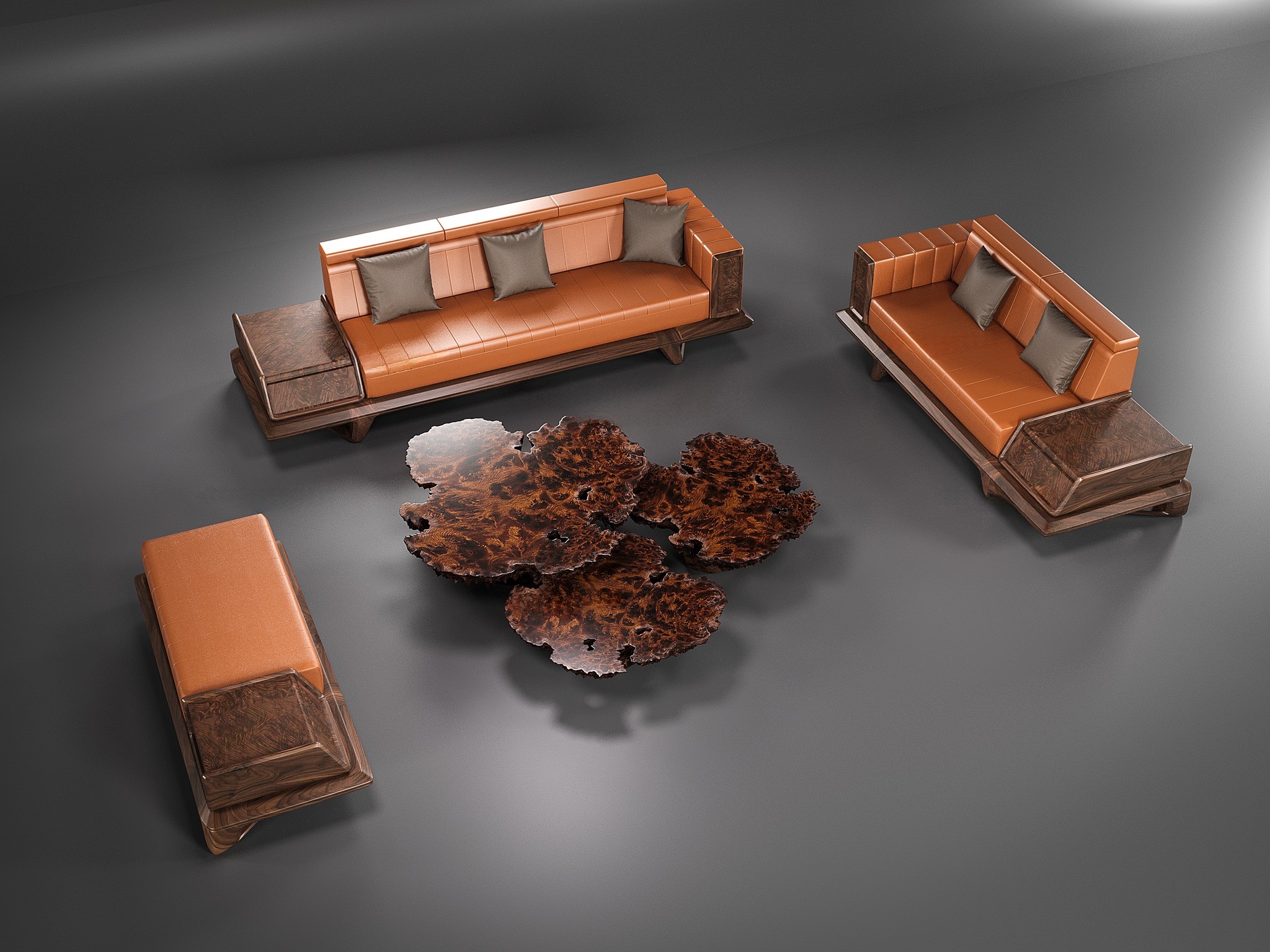 sofa gỗ óc chó phòng khách đẹp tone màu nóng