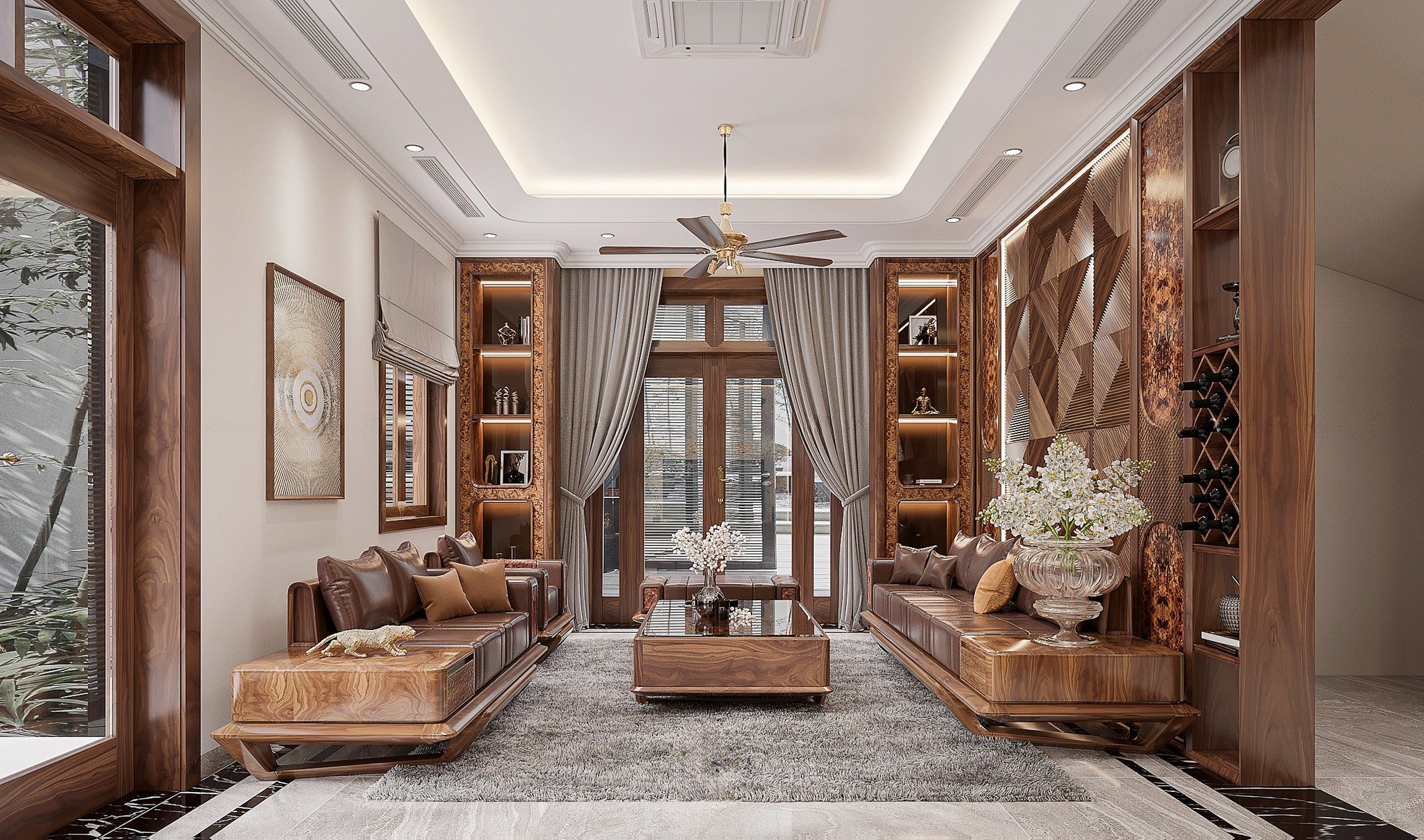 sofa gỗ óc chó phòng khách nhỏ bố cục gọn gàng