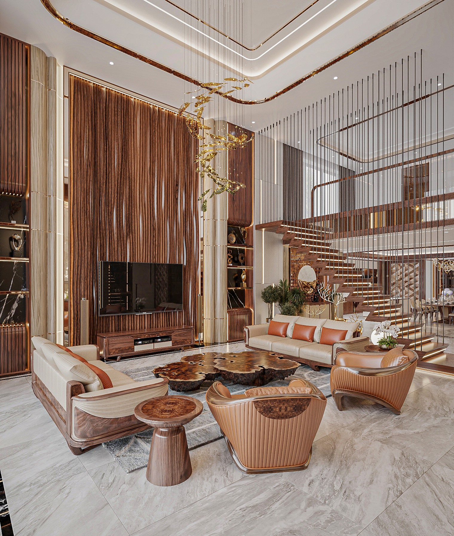 sofa gỗ óc chó phòng khách thông tầng luxury