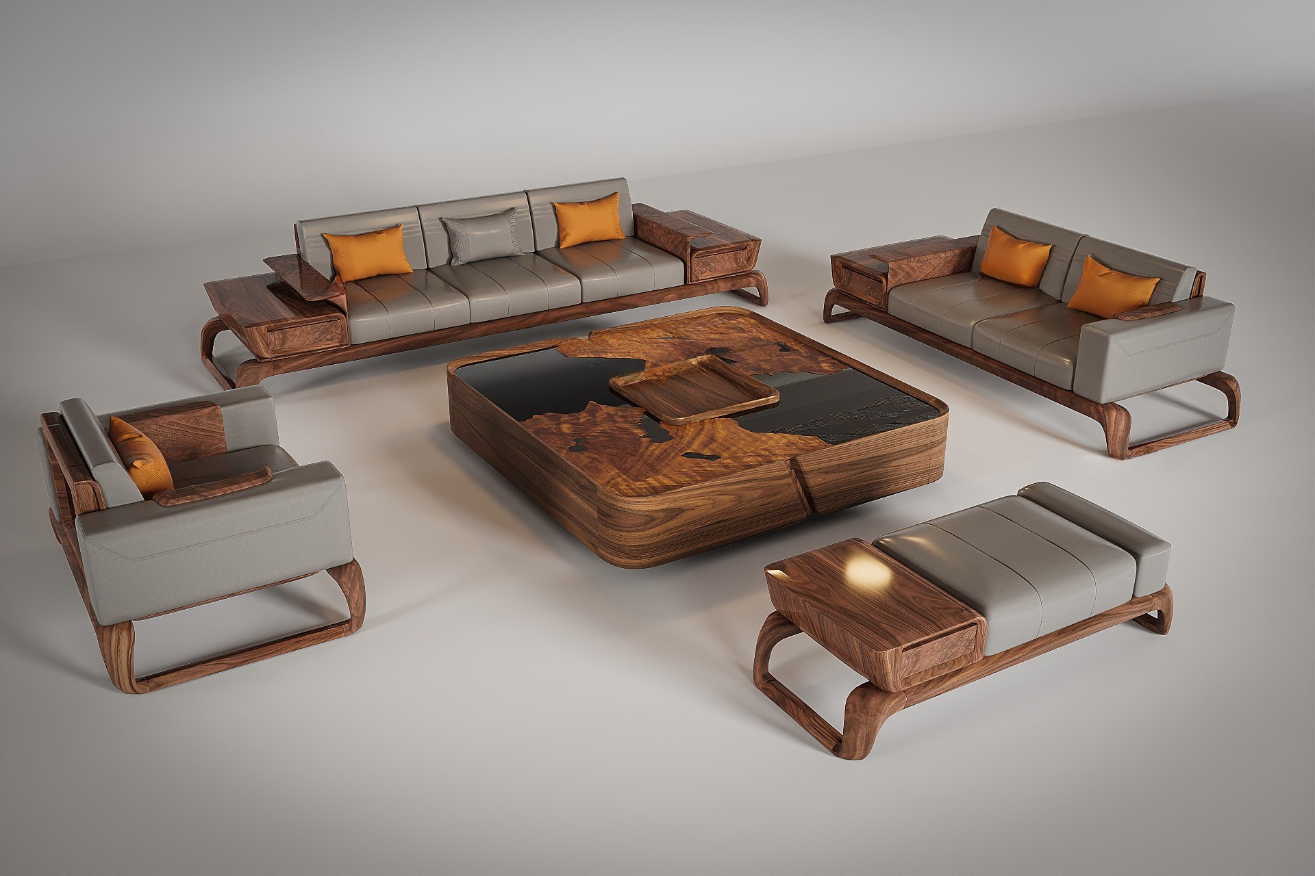 sofa gỗ óc chó tự nhiên hiện đại bố cục hình vuông