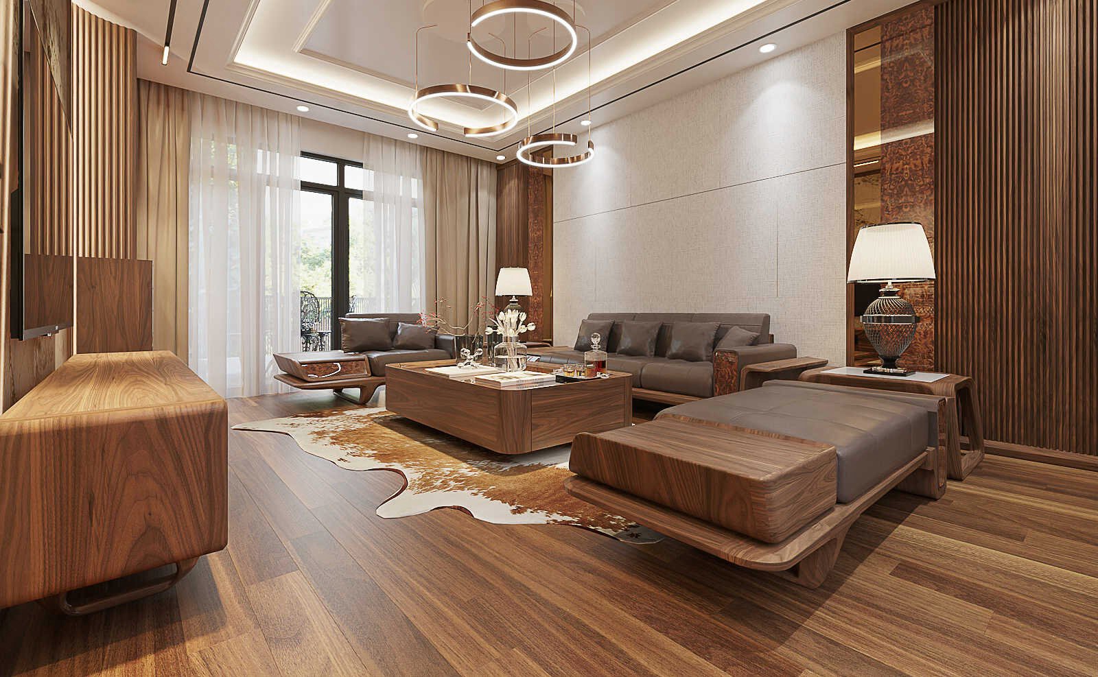 sofa gỗ sồi giả óc chó thiết kế hiện đại có bàn phụ