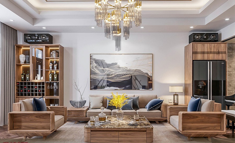 sofa gỗ sồi Nga màu óc chó thiết kế hiện đại tối giản