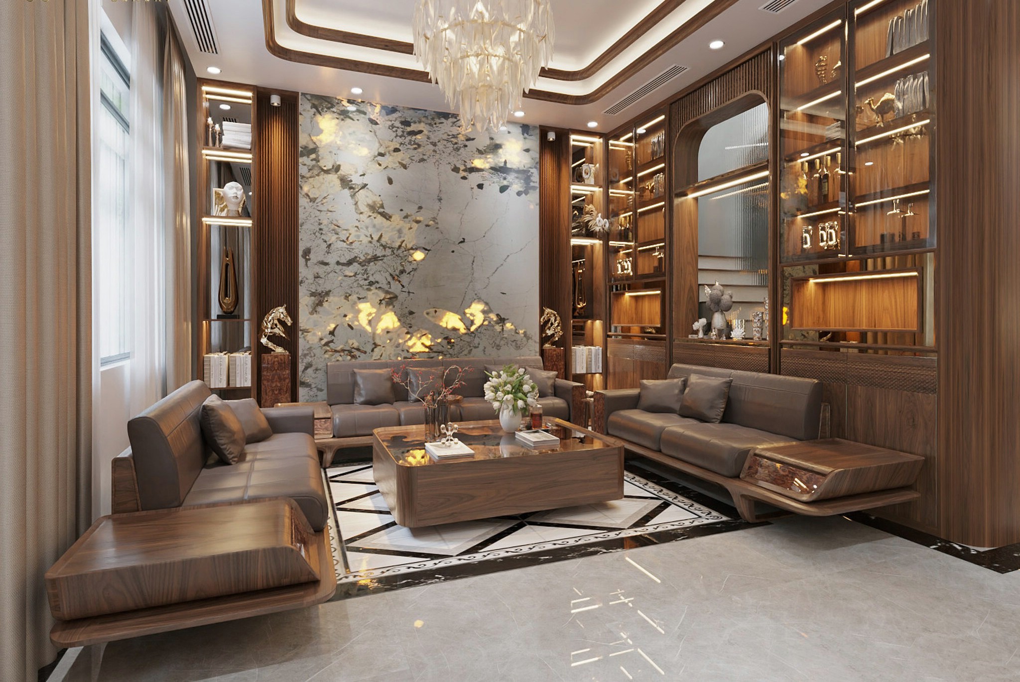 sofa gỗ sồi sơn màu óc chó thiết kế hiện đại nhiều ghế