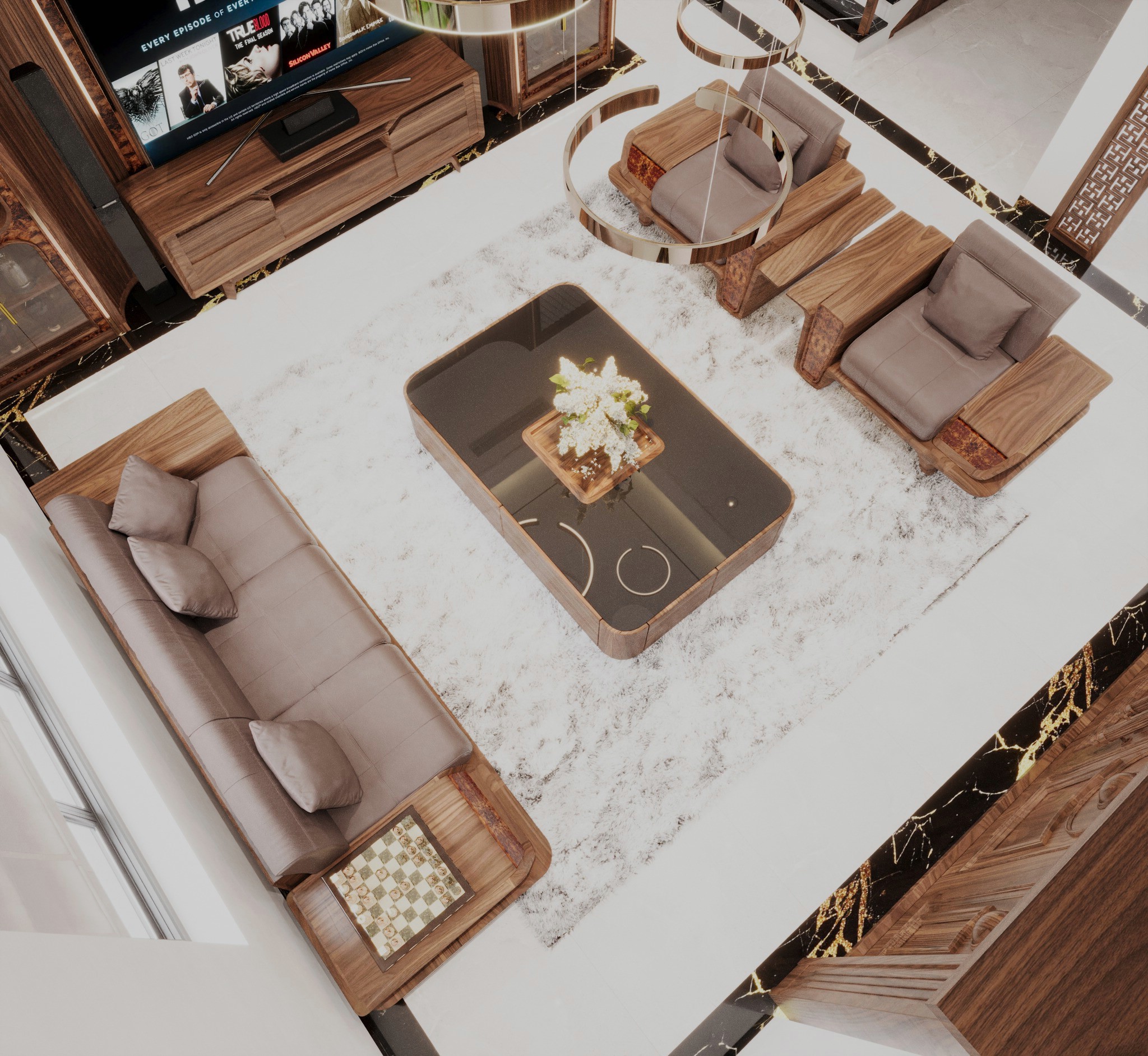 sofa màu óc chó thiết kế hiện đại với ghế văng và ghế đơn