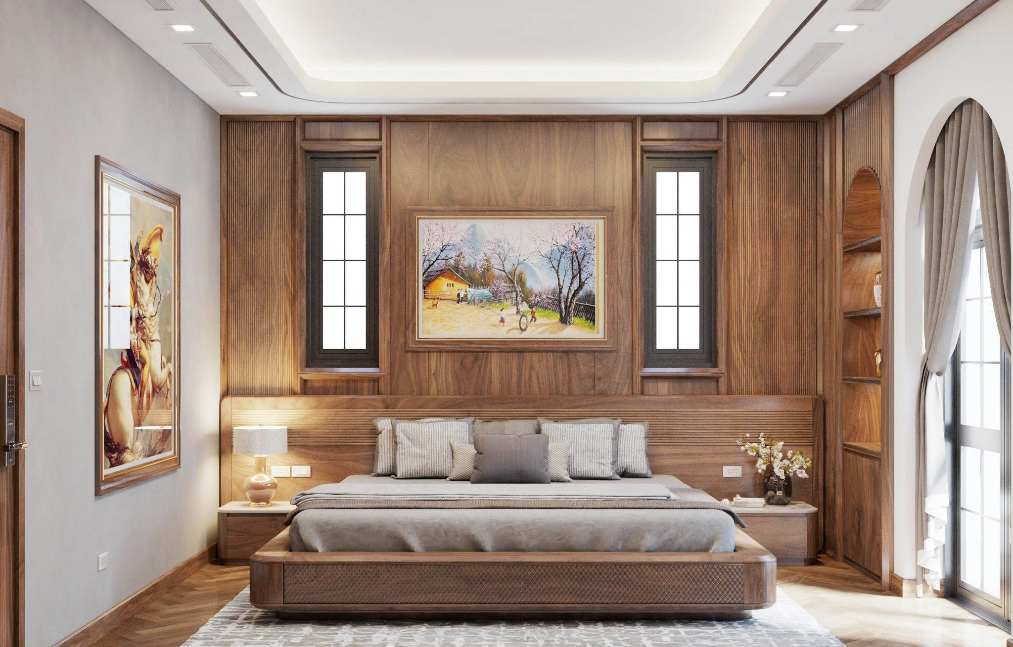 thiết kế giường ngủ gỗ óc chó đẹp phong cách Nhật