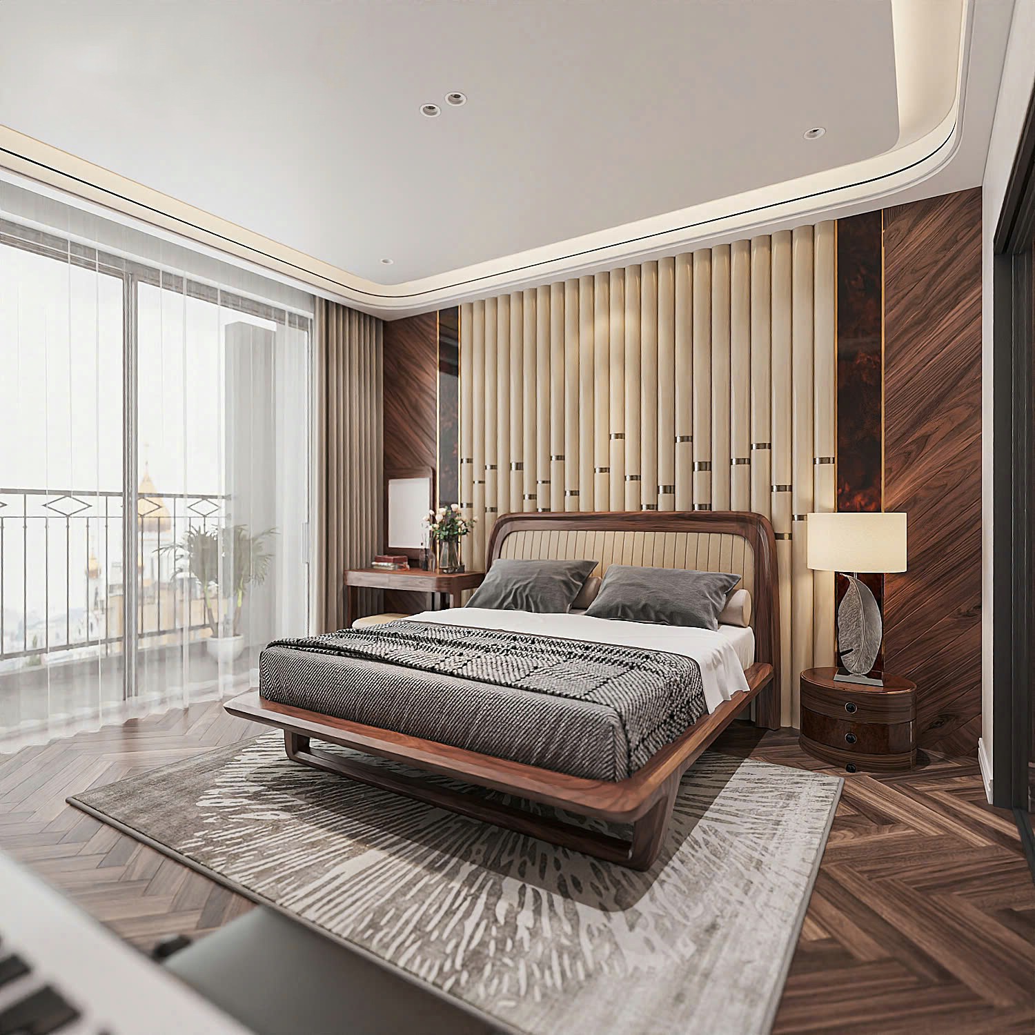 thiết kế giường ngủ gỗ óc chó hiện đại chân cao chữ U