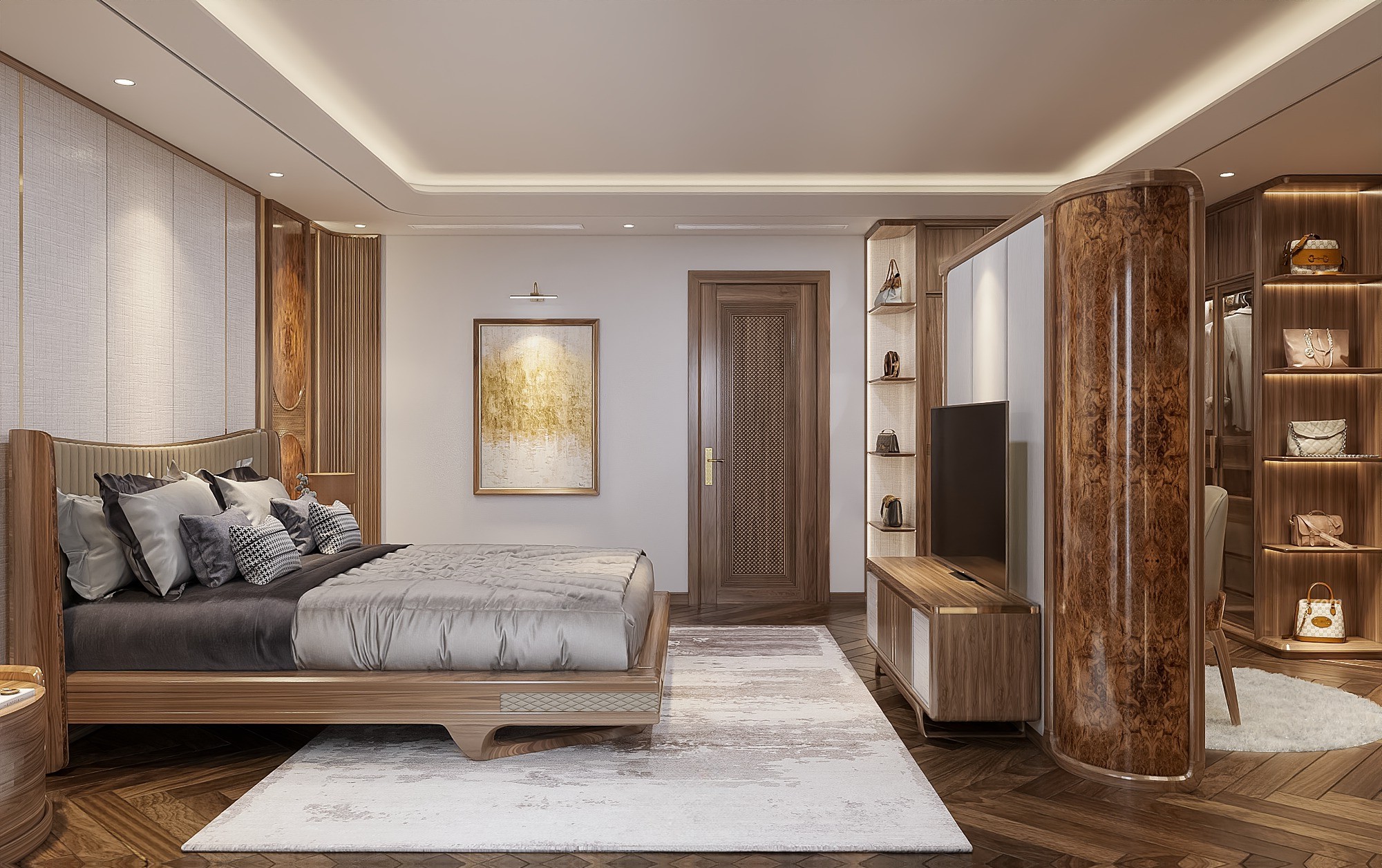 thiết kế giường ngủ gỗ óc chó đặt giữa phòng