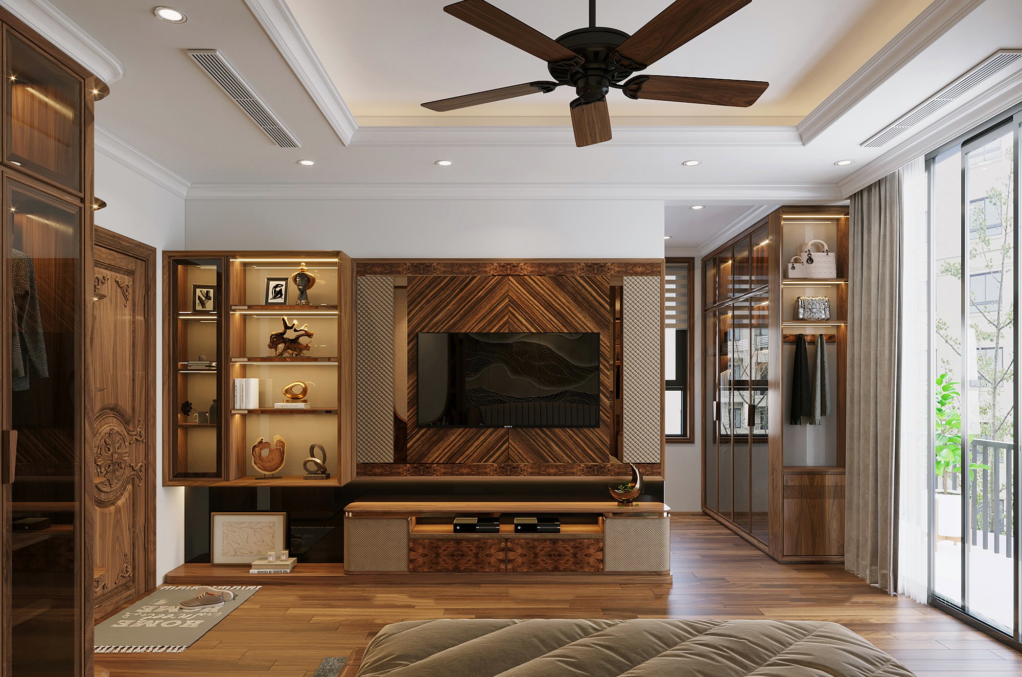 thiết kế kệ tivi gỗ óc chó đặt sàn hiện đại