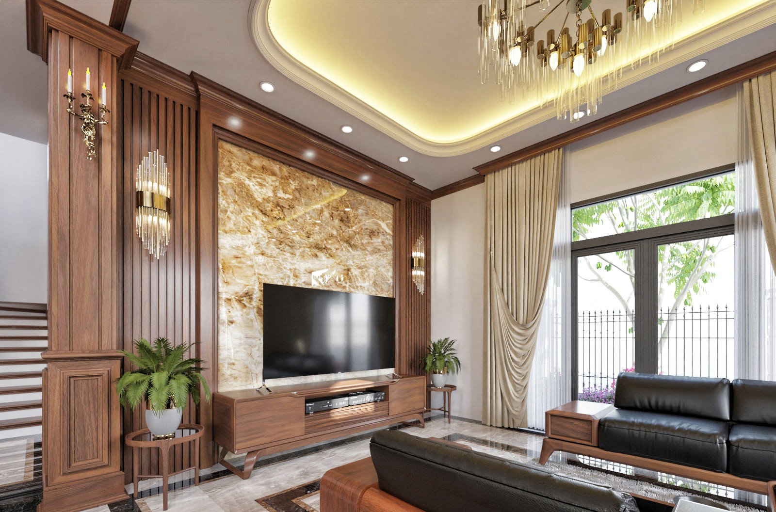 thiết kế kệ tivi phòng khách gỗ óc chó đơn giản