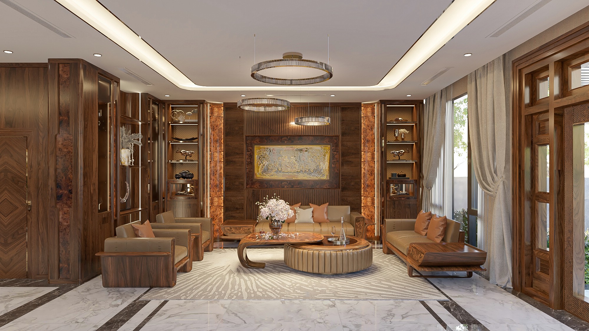 thiết kế nội thất bằng gỗ óc chó với sofa và bàn trà đôi
