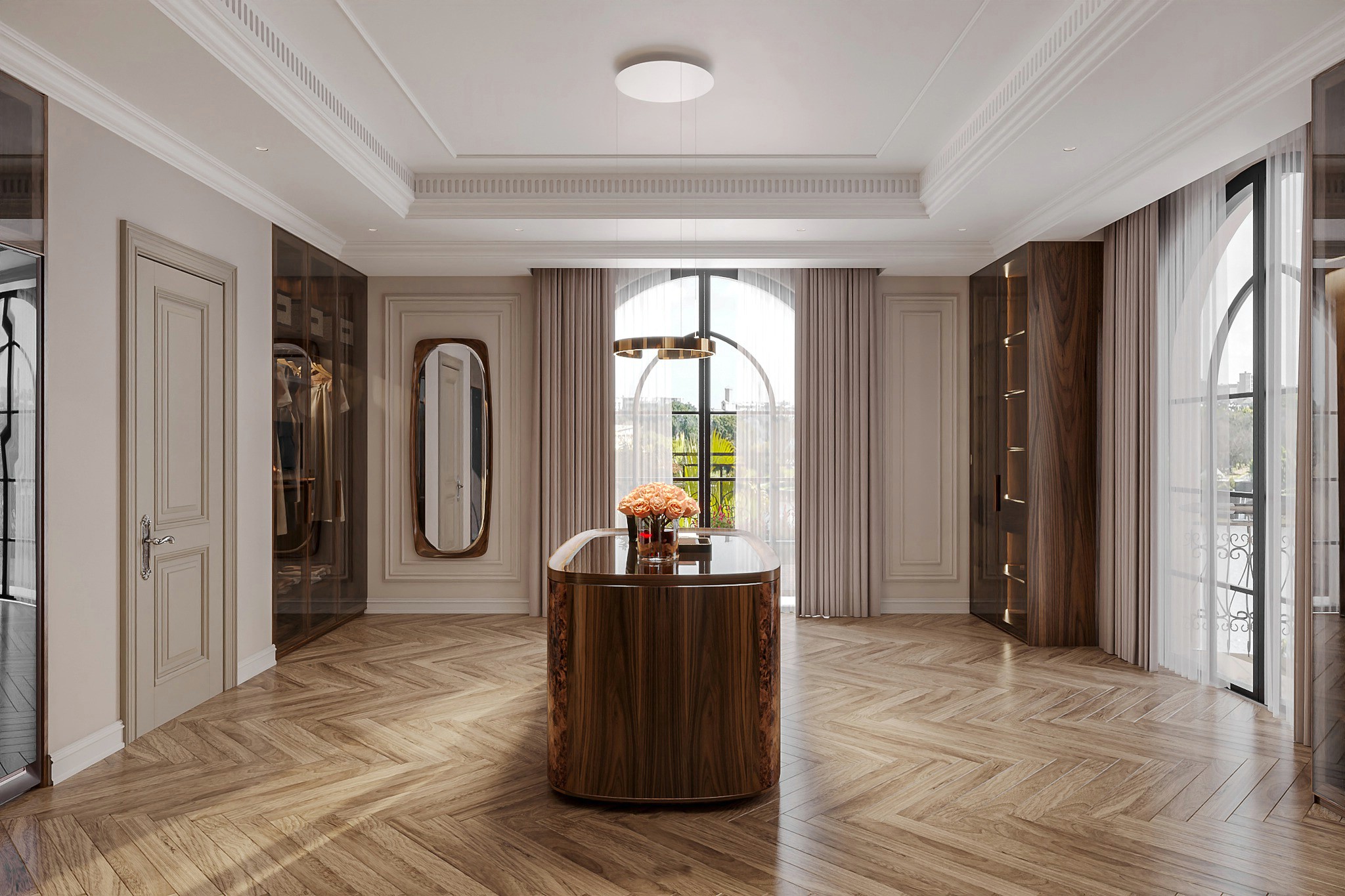 thiết kế nội thất biệt thự gỗ óc chó đẹp với phòng ngủ luxury hiện đại
