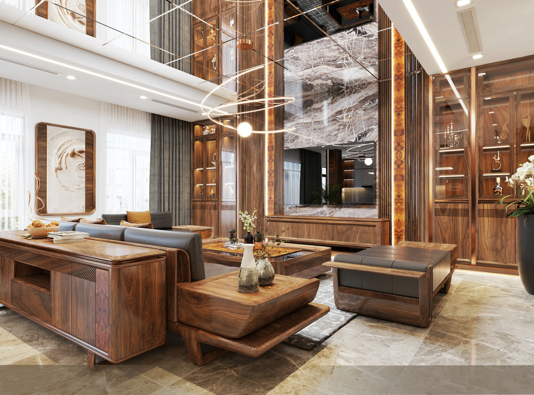 thiết kế nội thất gỗ óc chó đẹp với sofa và tủ rượu