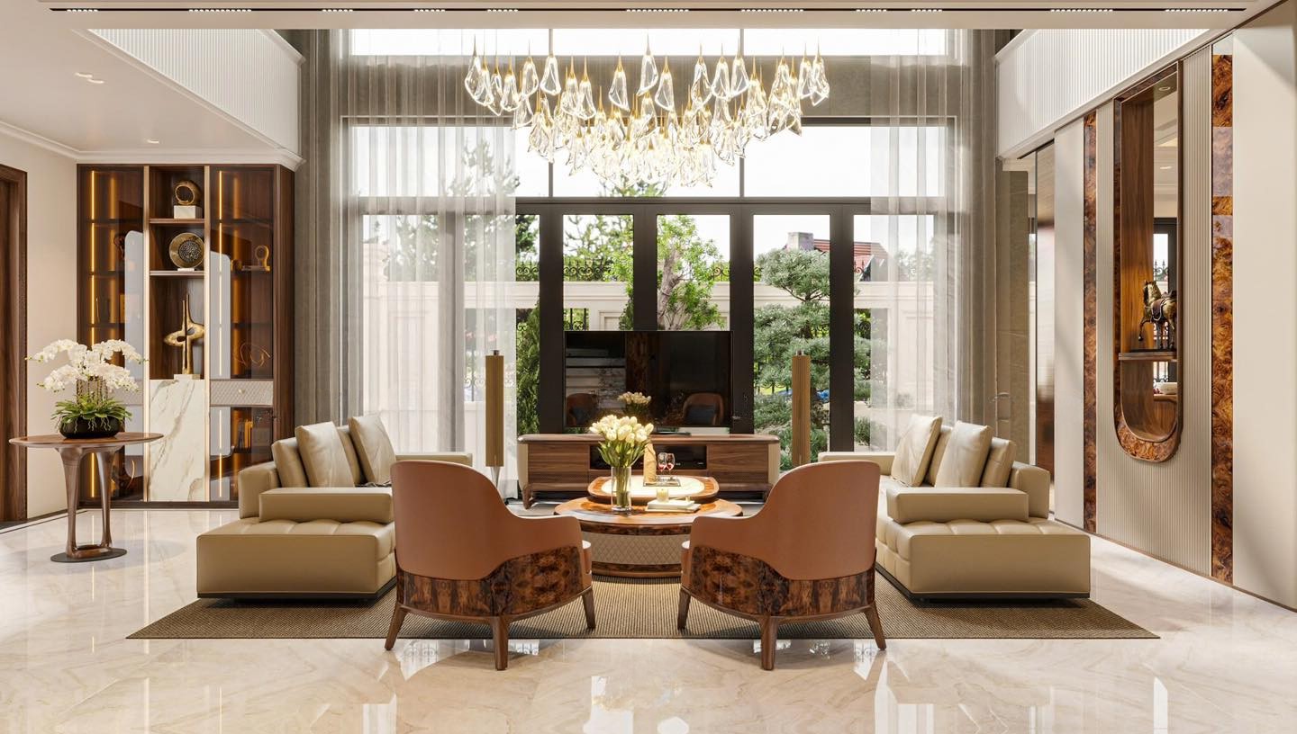 thiết kế nội thất gỗ óc chó hiện đại với sofa và bàn trà đôi