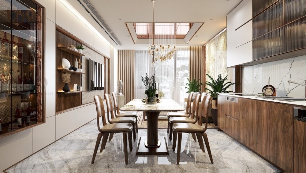 thiết kế nội thất phòng bếp gỗ óc chó chung cư hiện đại