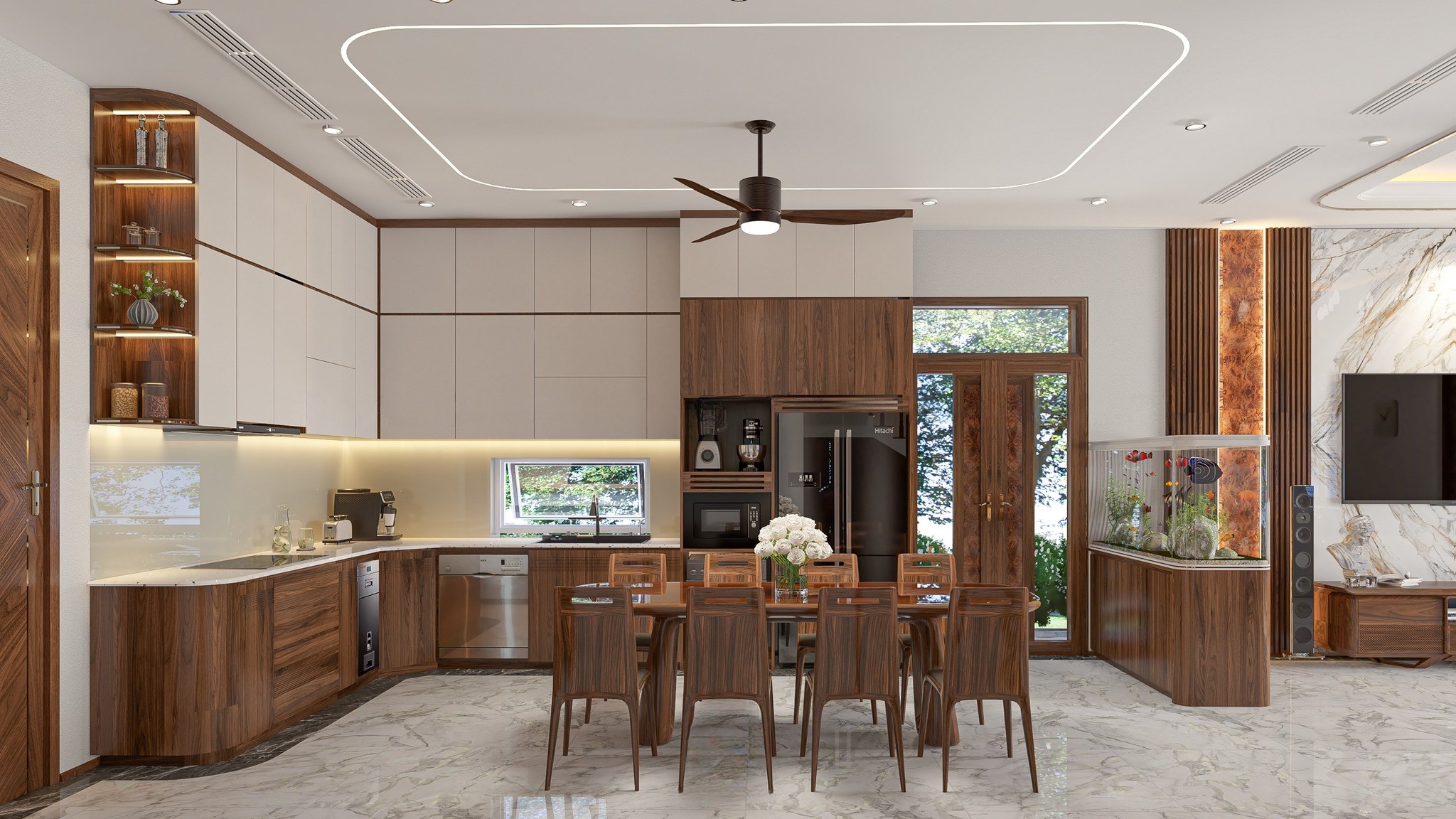 thiết kế nội thất phòng bếp gỗ óc chó đơn giản hiện đại