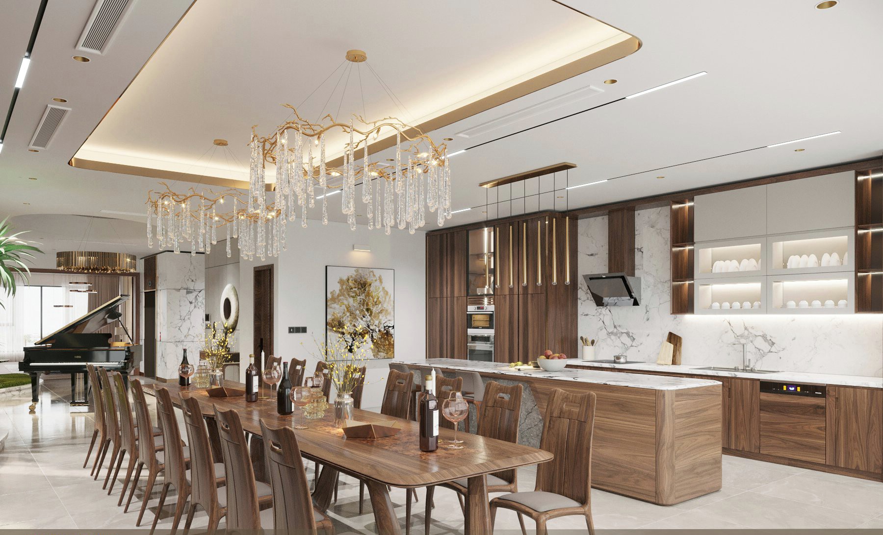 thiết kế nội thất phòng bếp gỗ óc chó hiện đại cao cấp